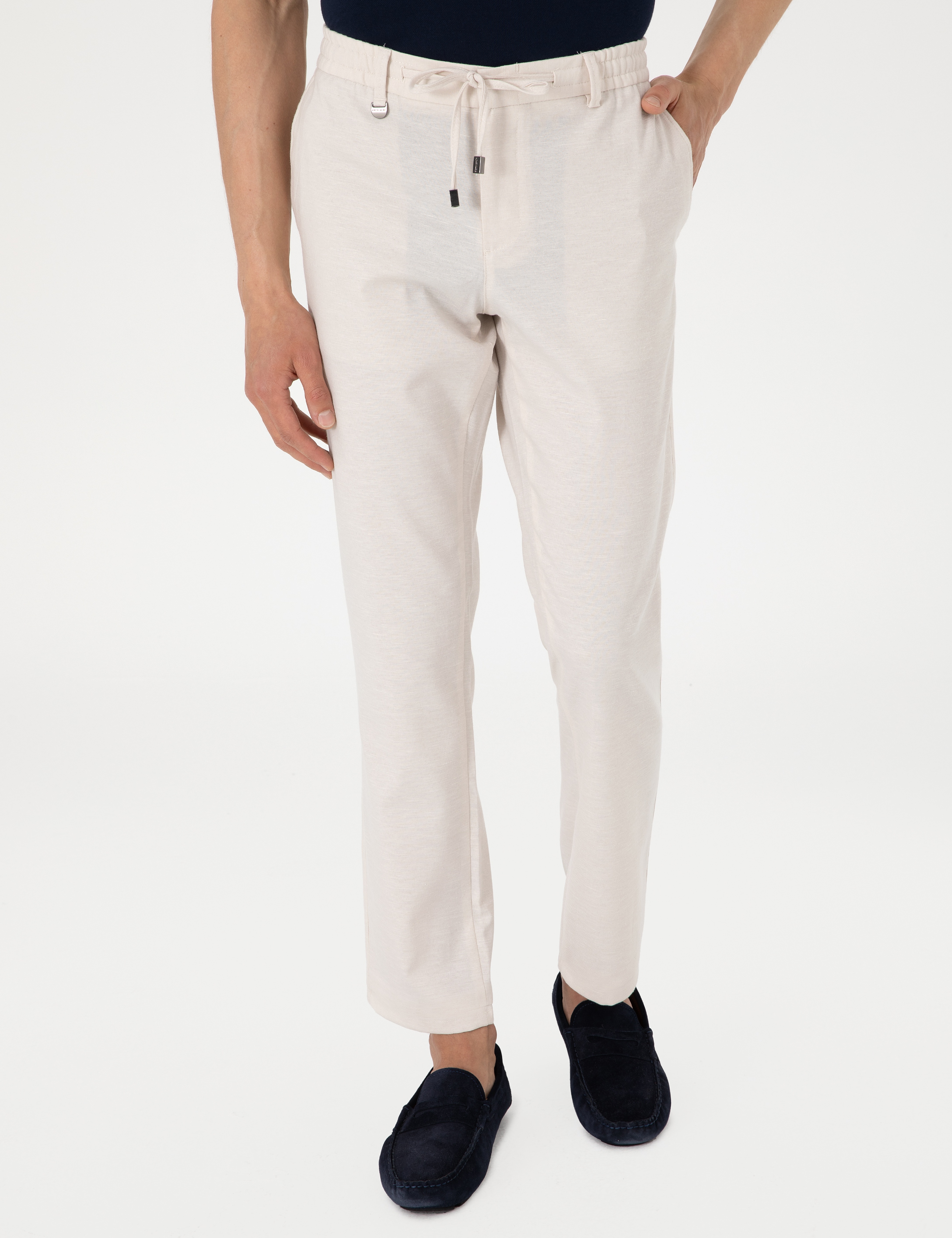 Bej Slim Fit Keten Karışımlı Pantolon - Image 2
