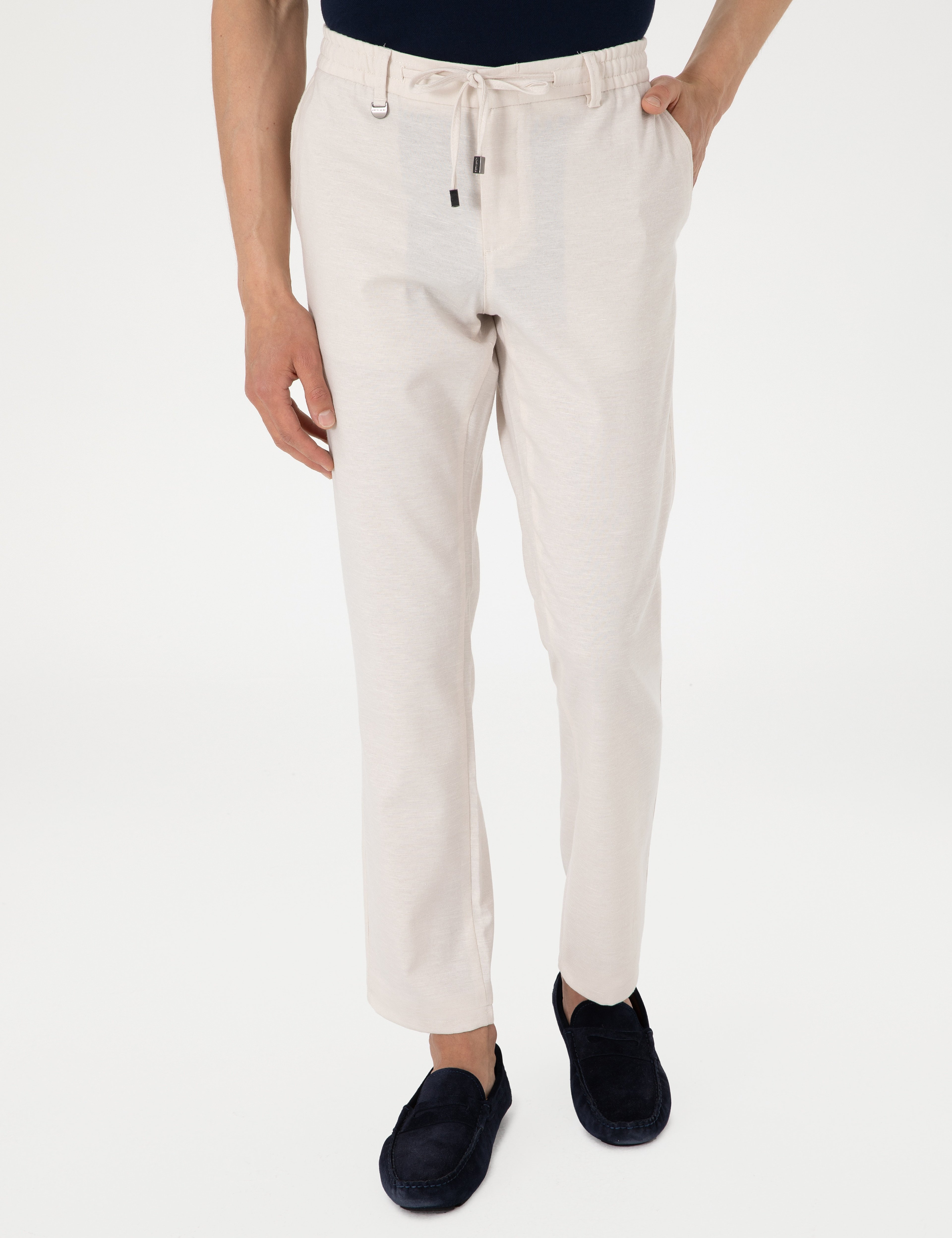 Bej Slim Fit Keten Karışımlı Pantolon