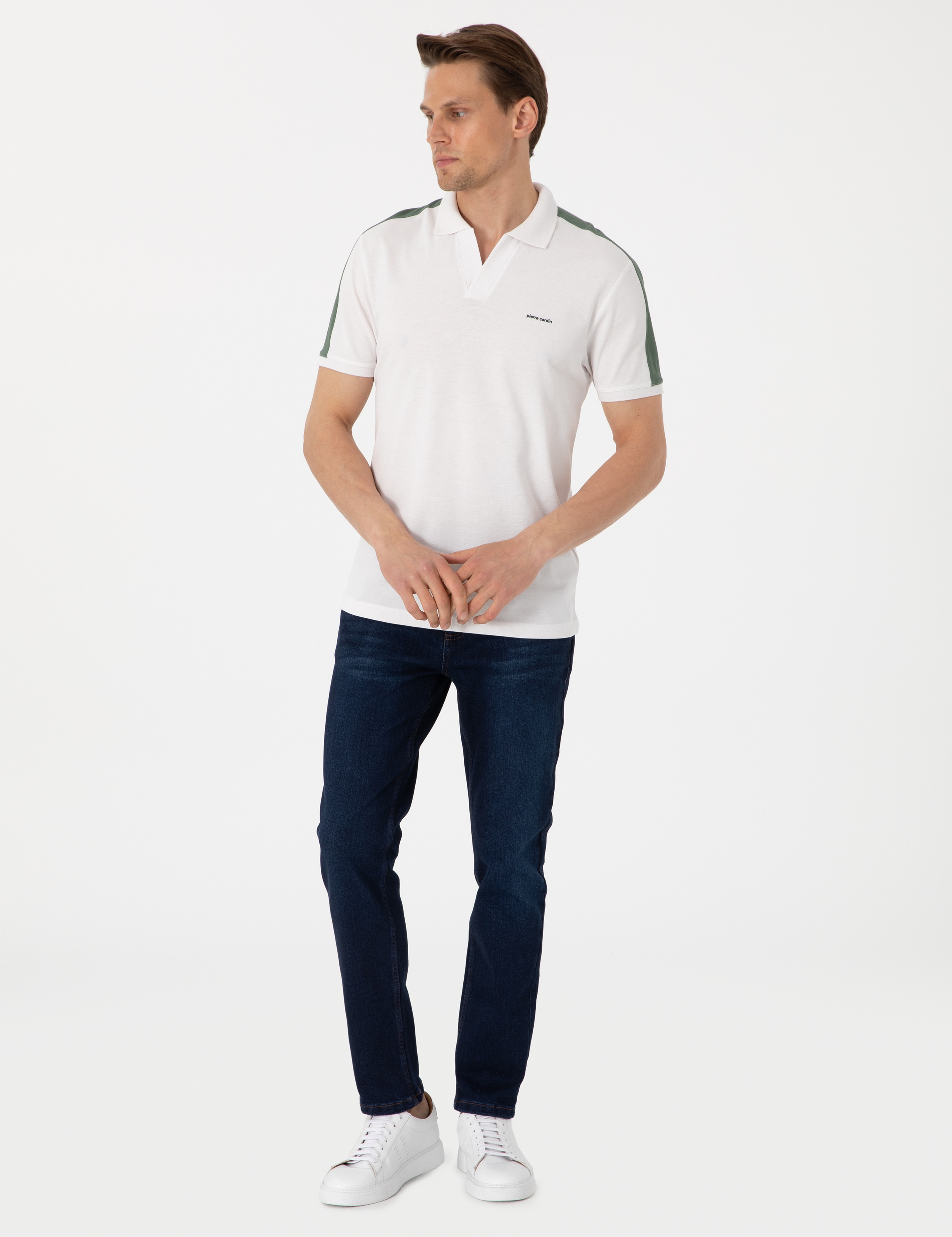 Haki Kol Detaylı Slim Fit %100 Pamuk Apaş Yaka Tişört - Image 4