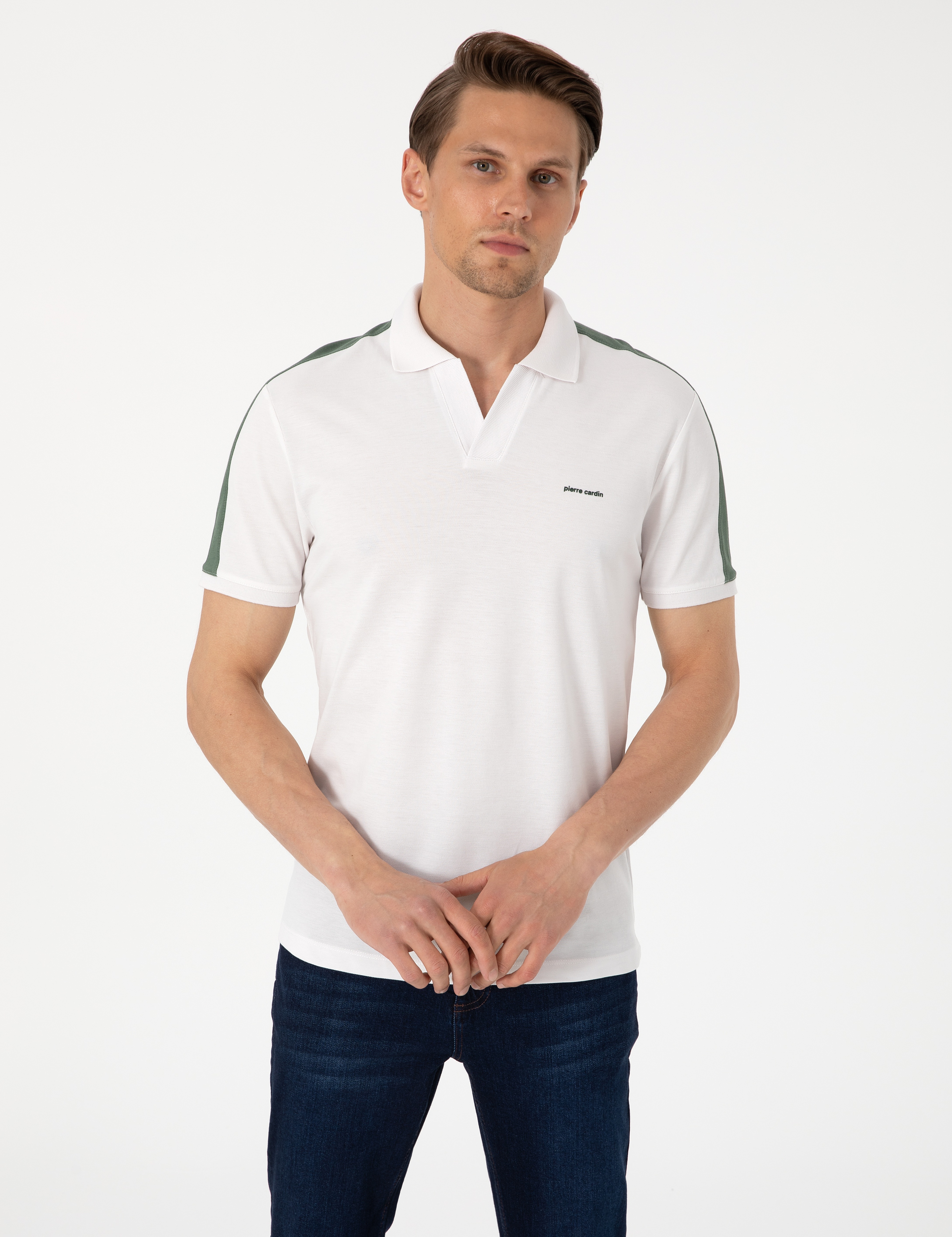 Haki Kol Detaylı Slim Fit %100 Pamuk Apaş Yaka Tişört - Image 3