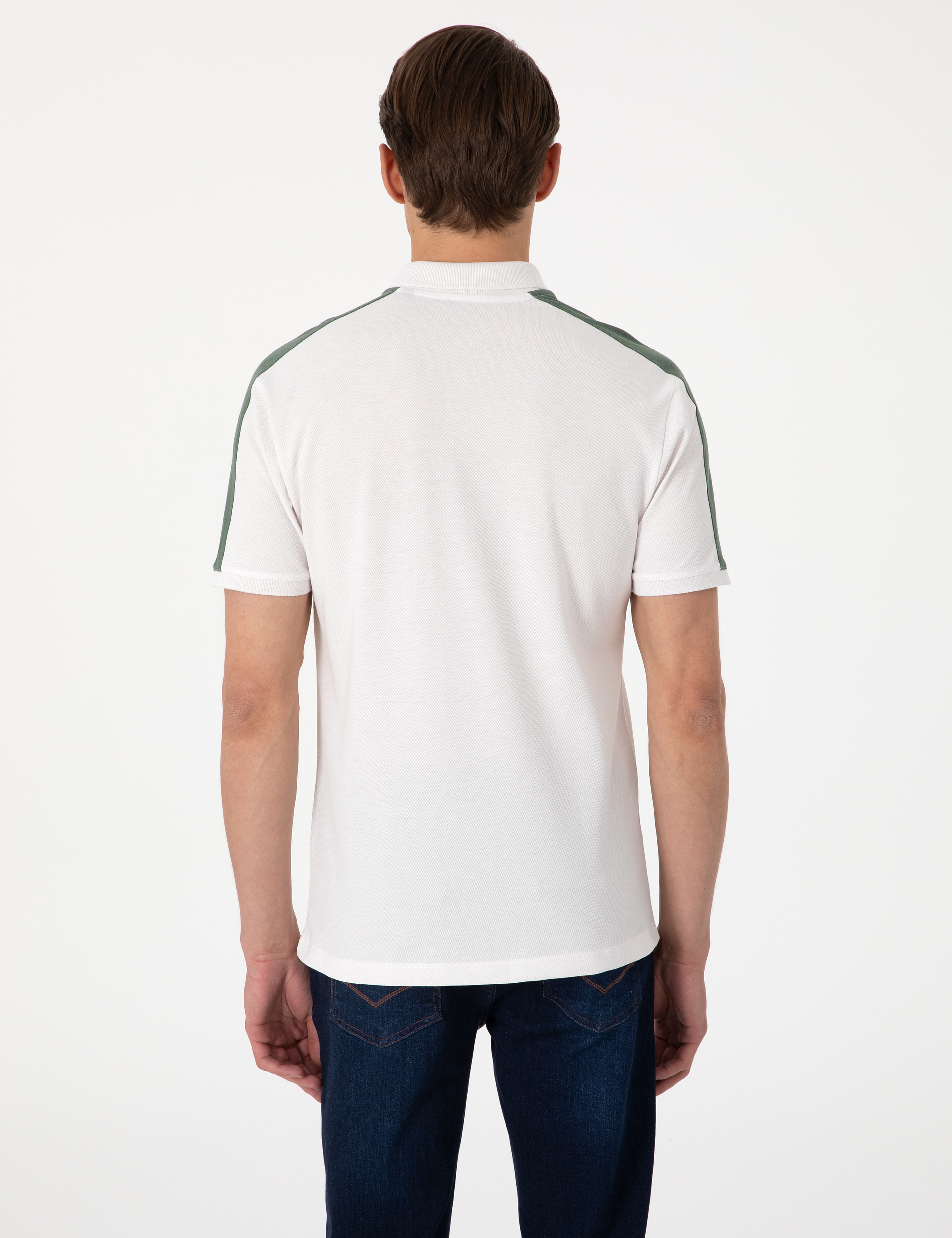 Haki Kol Detaylı Slim Fit %100 Pamuk Apaş Yaka Tişört - Image 5