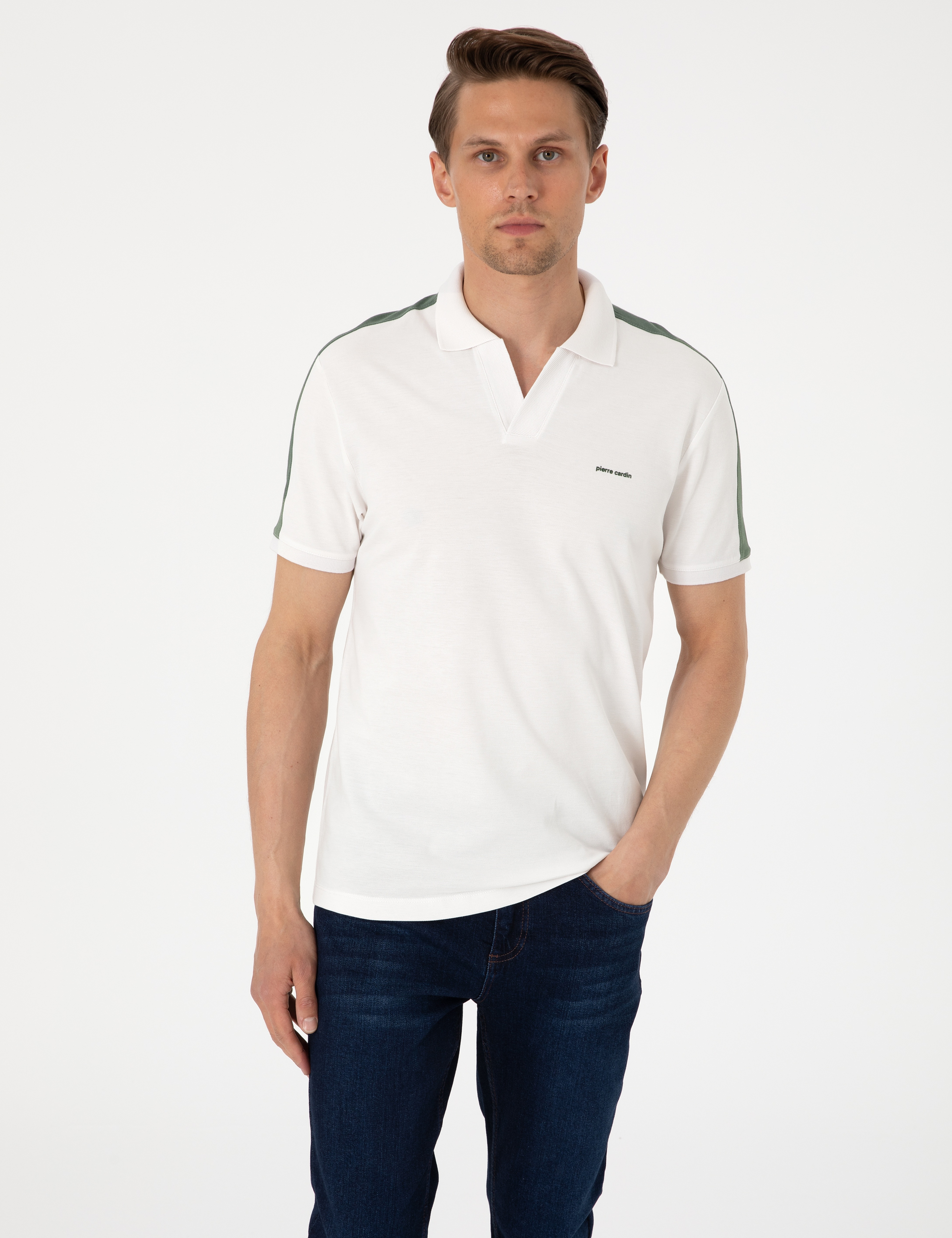 Haki Kol Detaylı Slim Fit %100 Pamuk Apaş Yaka Tişört - Image 2