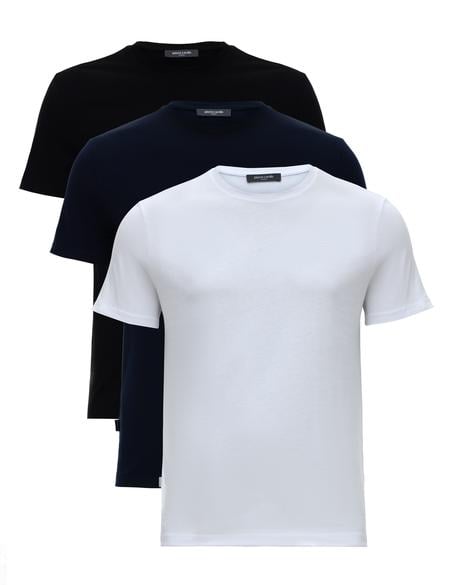 Beyaz-Lacivert-Siyah 3'lü Slim Fit %100 Pamuk Bisiklet Yaka Basic Tişört Paketi - 50318808007