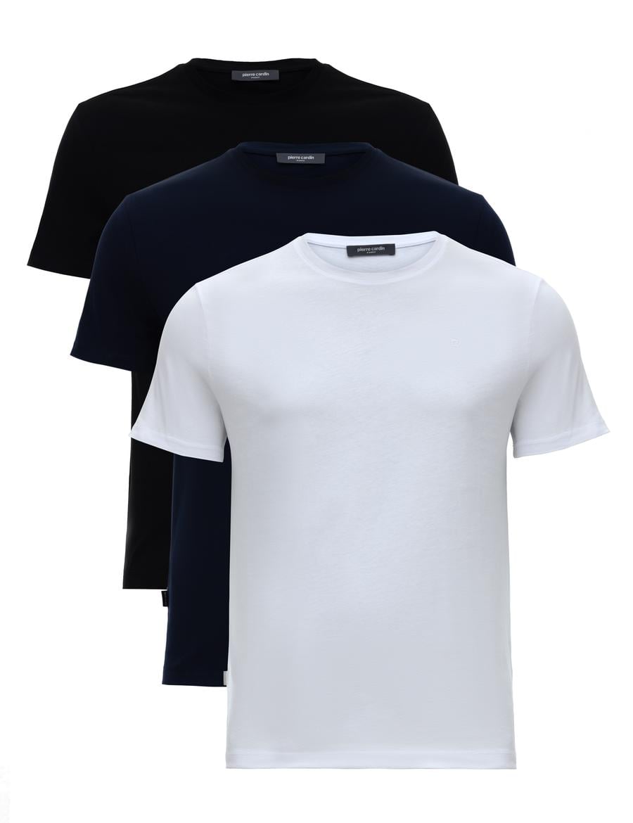 Beyaz-Lacivert-Siyah 3'lü Slim Fit %100 Pamuk Bisiklet Yaka Basic Tişört Paketi