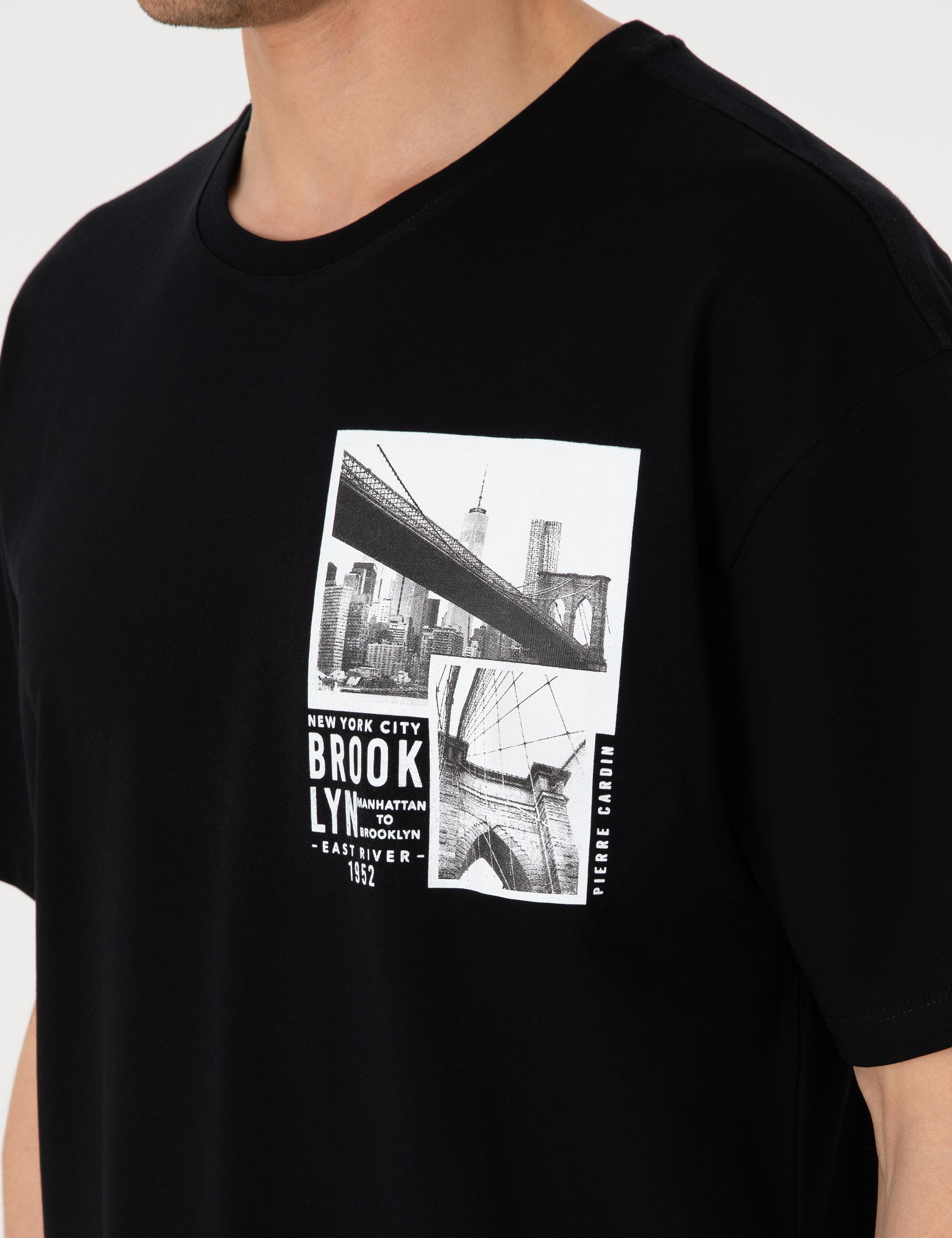 Siyah Comfort Fit Bisiklet Yaka Tişört