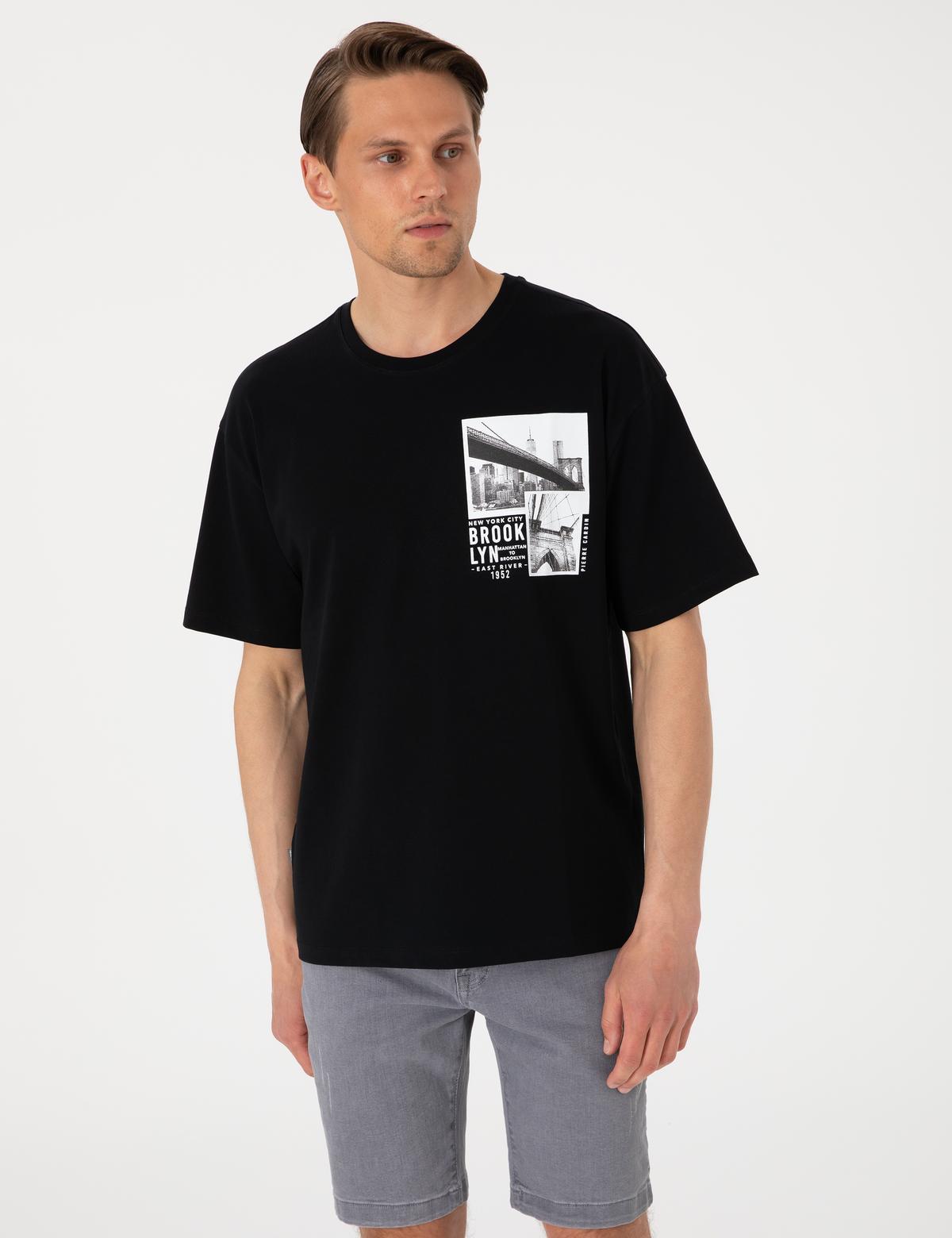 Siyah Comfort Fit Bisiklet Yaka Tişört - 50310144011