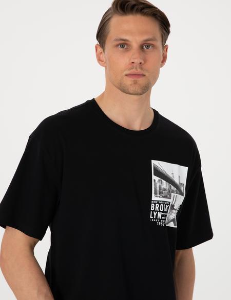 Siyah Comfort Fit Bisiklet Yaka Tişört - 50310144011