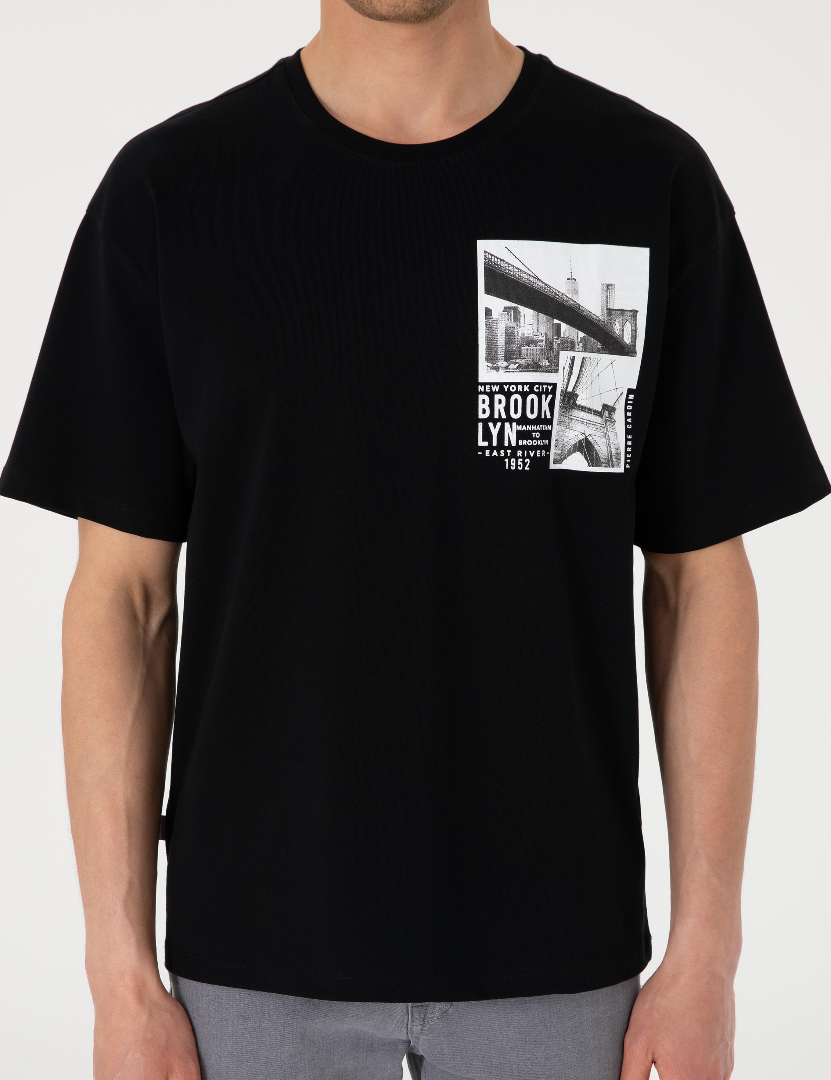 Siyah Comfort Fit Bisiklet Yaka Tişört