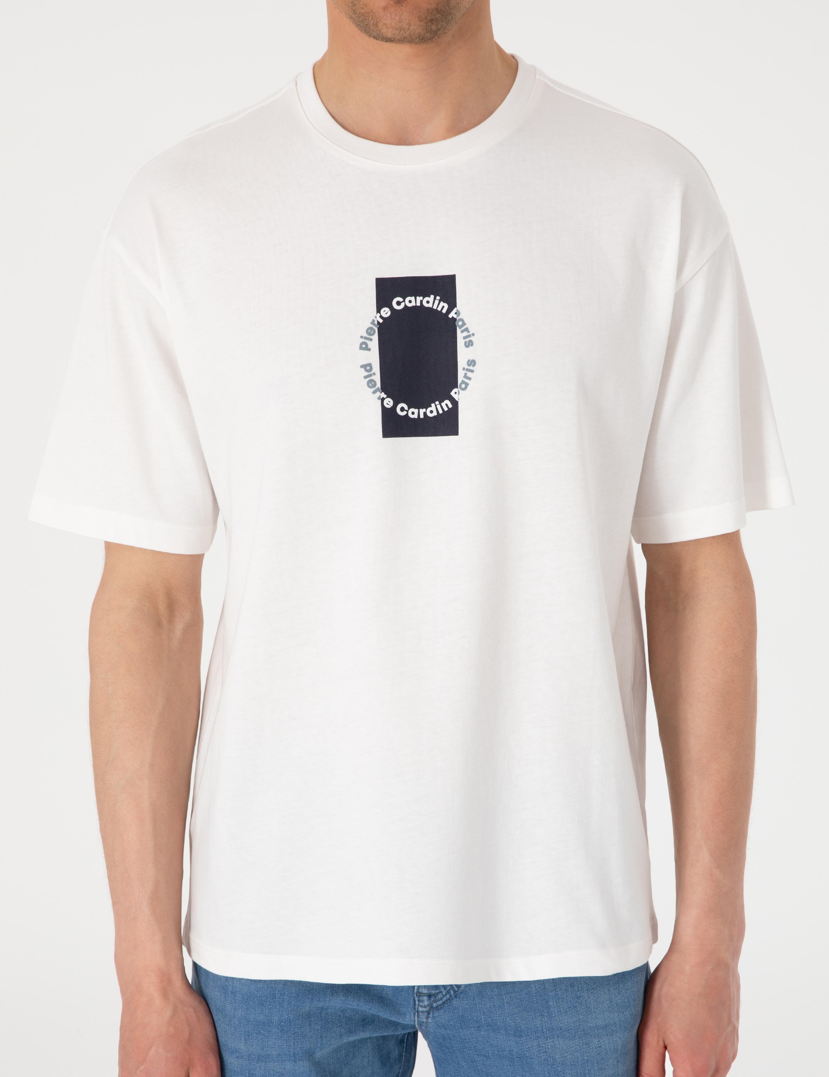 Beyaz Comfort Fit Bisiklet Yaka Tişört