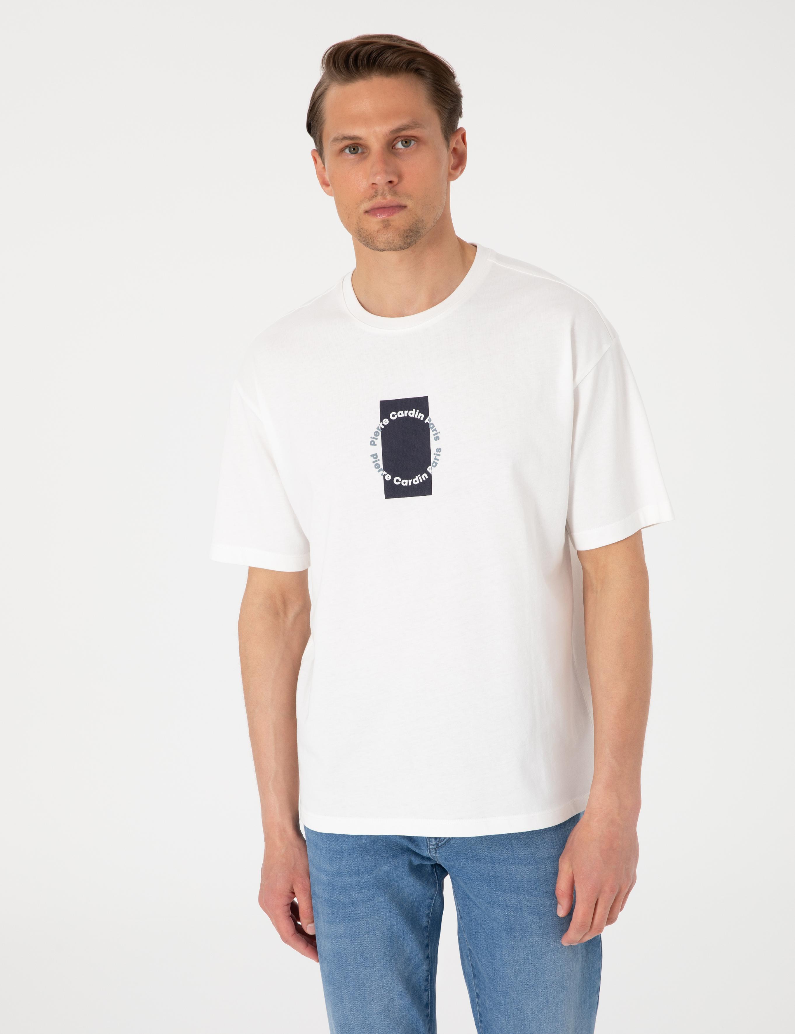 Beyaz Comfort Fit Bisiklet Yaka Tişört