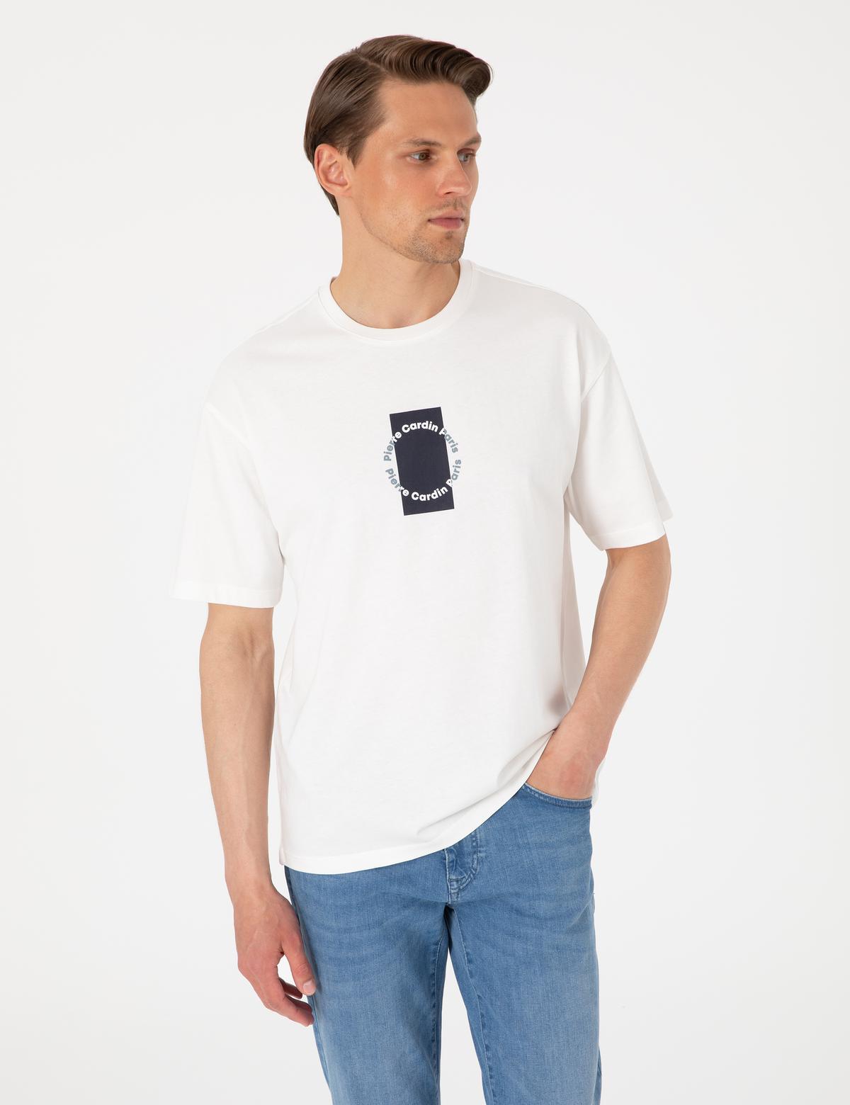 Beyaz Comfort Fit Bisiklet Yaka Tişört