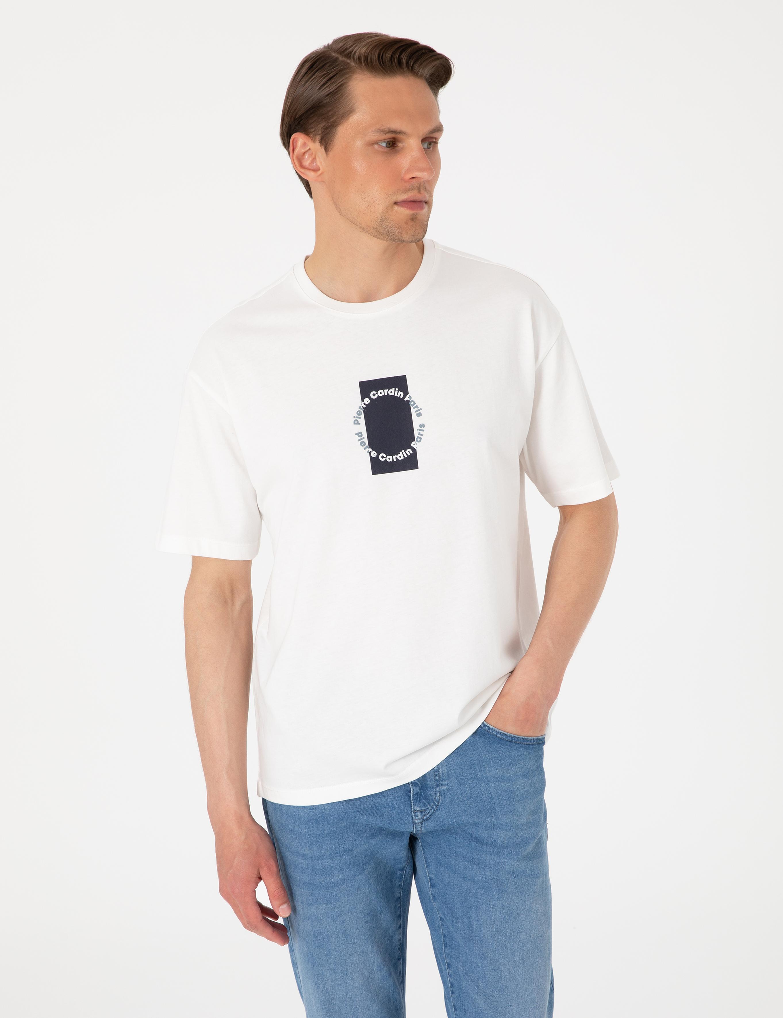 Beyaz Comfort Fit Bisiklet Yaka Tişört