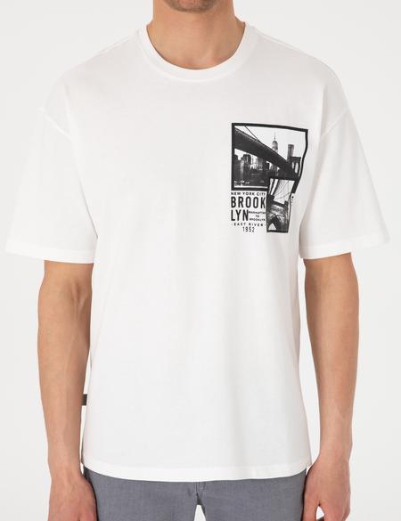 Beyaz Comfort Fit Bisiklet Yaka Tişört - 50310144005