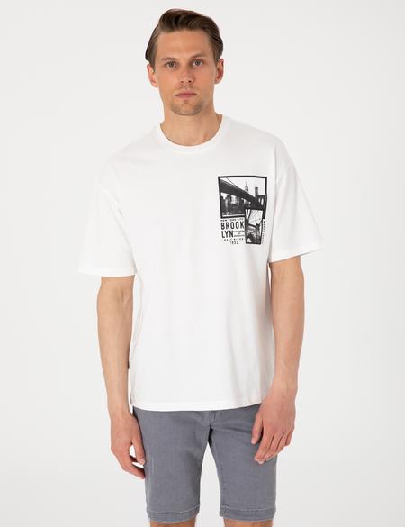 Beyaz Comfort Fit Bisiklet Yaka Tişört - 50310144005