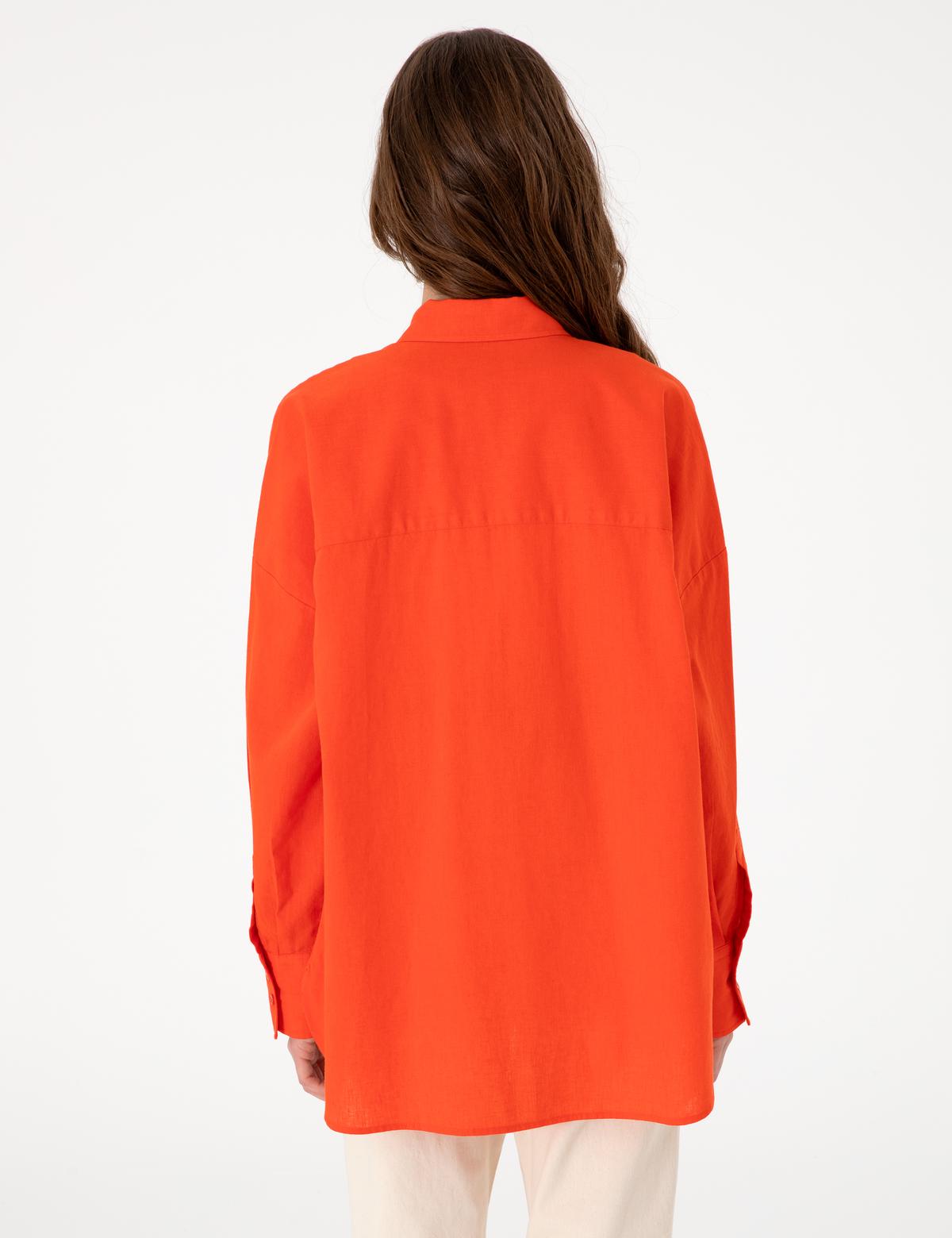 Nar Çiçeği Oversize Keten Karışımlı Uzun Kollu Gömlek - 50313128013