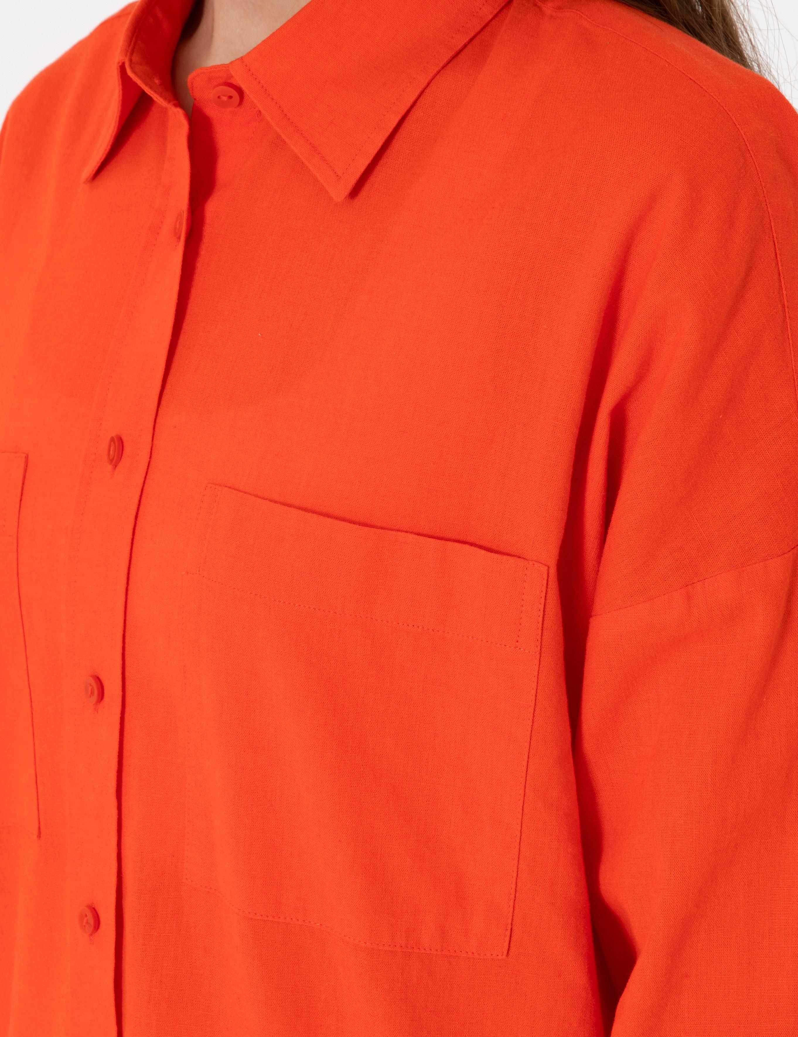 Nar Çiçeği Oversize Keten Karışımlı Uzun Kollu Gömlek