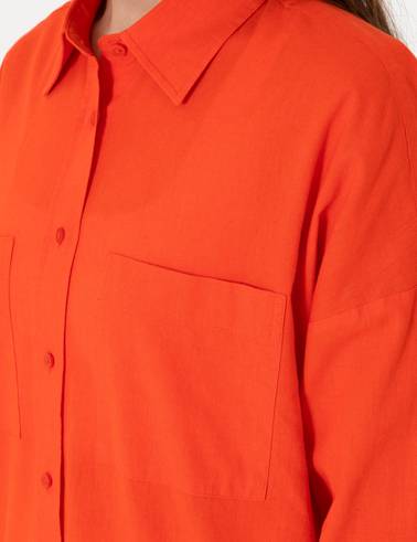 Nar Çiçeği Oversize Keten Karışımlı Uzun Kollu Gömlek
