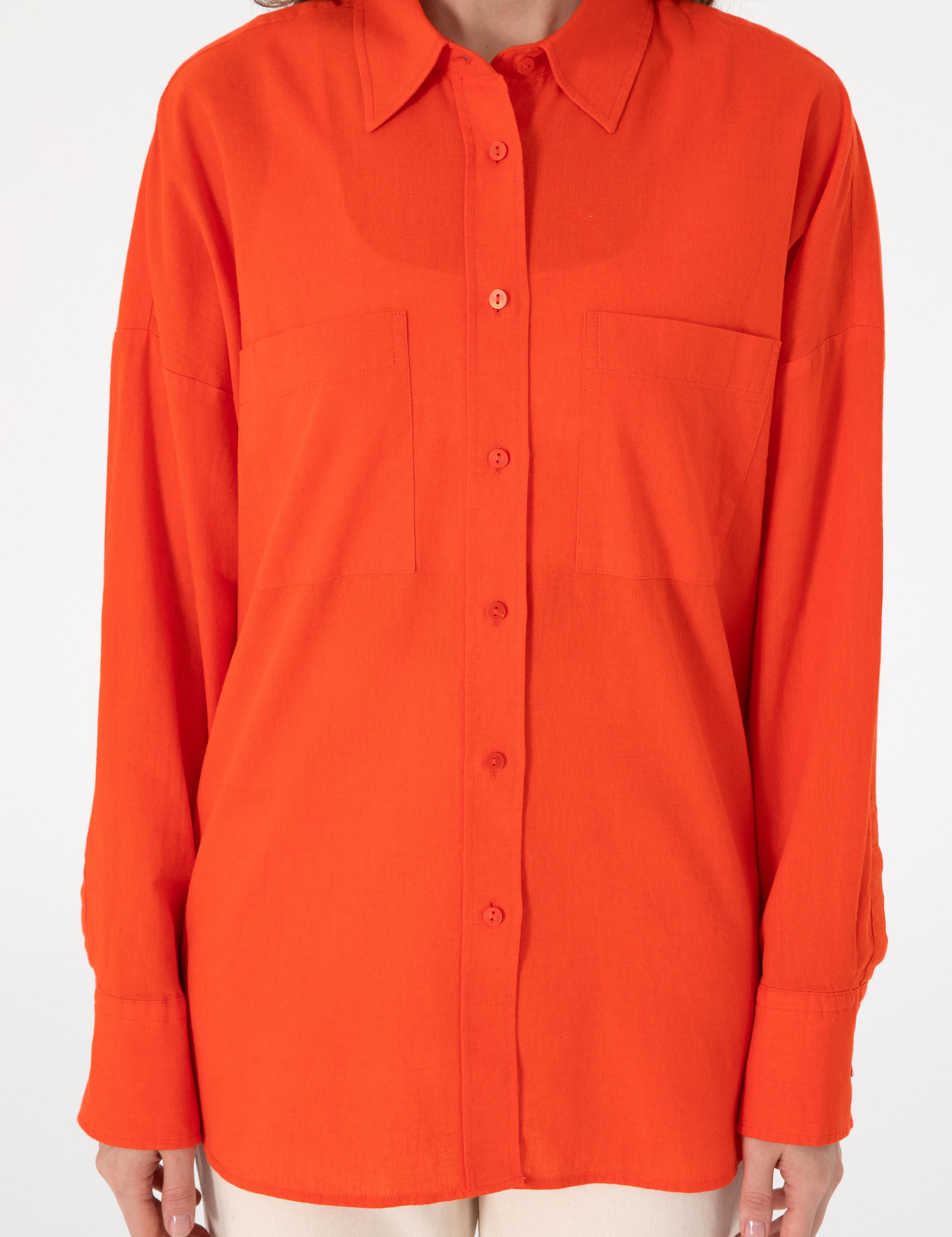 Nar Çiçeği Oversize Keten Karışımlı Uzun Kollu Gömlek