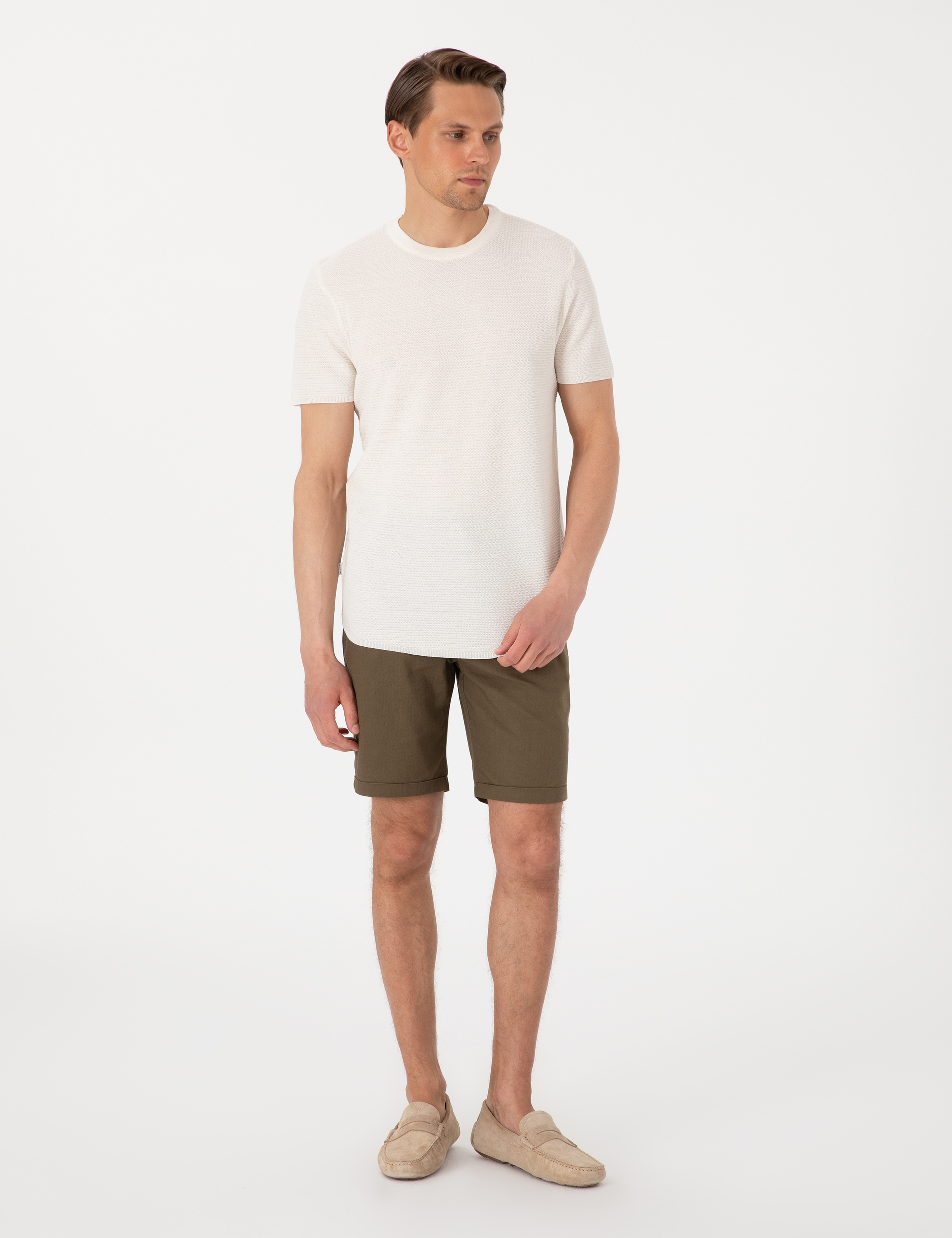Haki Slim Fit Beli Lastikli Bağcıklı Dokuma Şort - Image 3