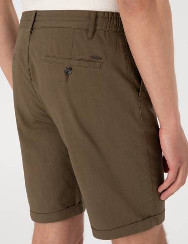 Haki Slim Fit Beli Lastikli Bağcıklı Dokuma Şort