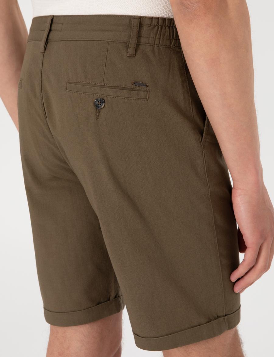 Haki Slim Fit Beli Lastikli Bağcıklı Dokuma Şort