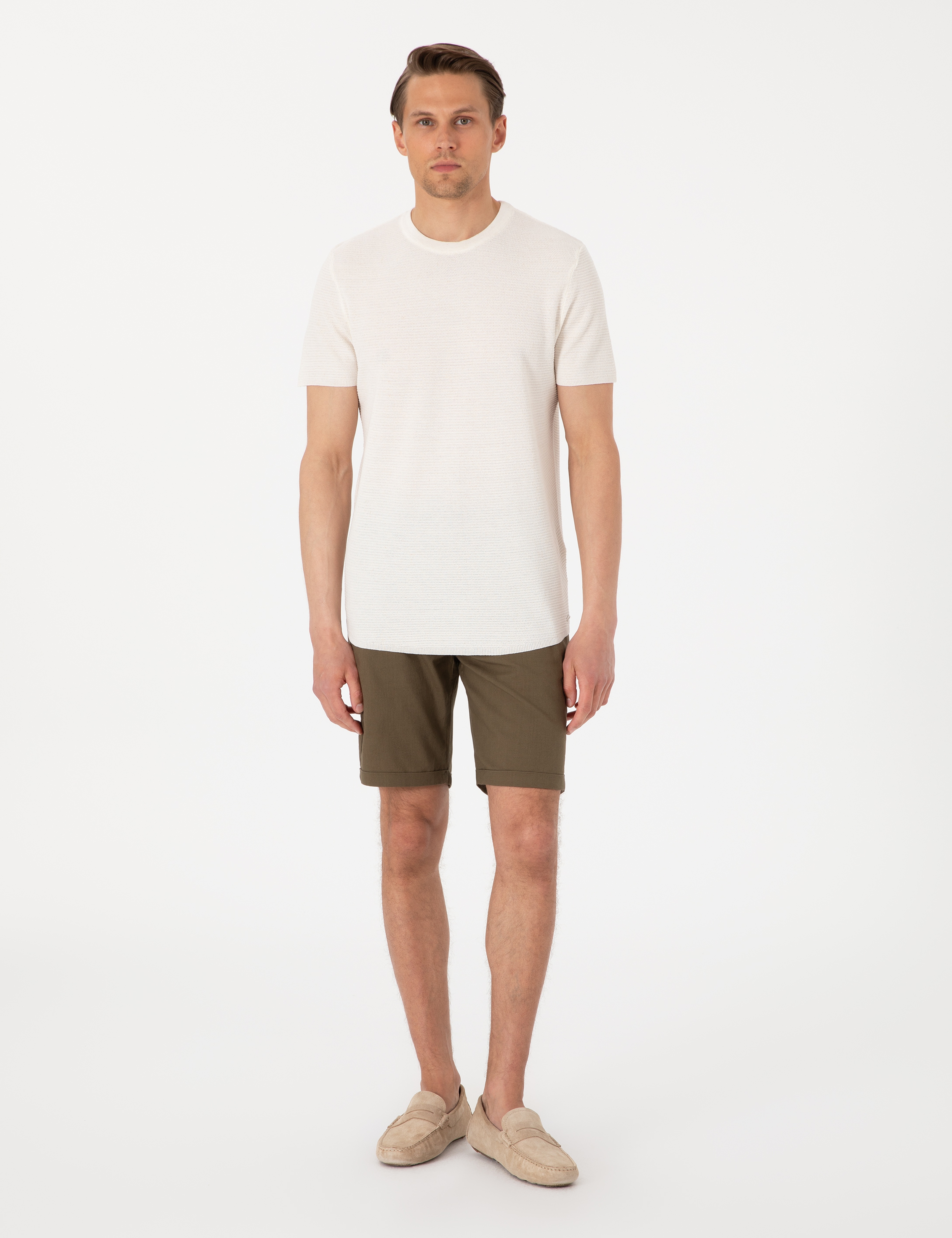 Haki Slim Fit Beli Lastikli Bağcıklı Dokuma Şort - Image 1