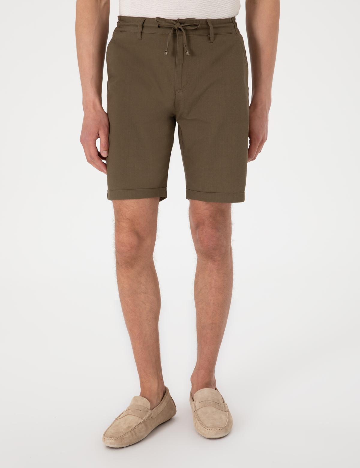 Haki Slim Fit Beli Lastikli Bağcıklı Dokuma Şort - 50308148003