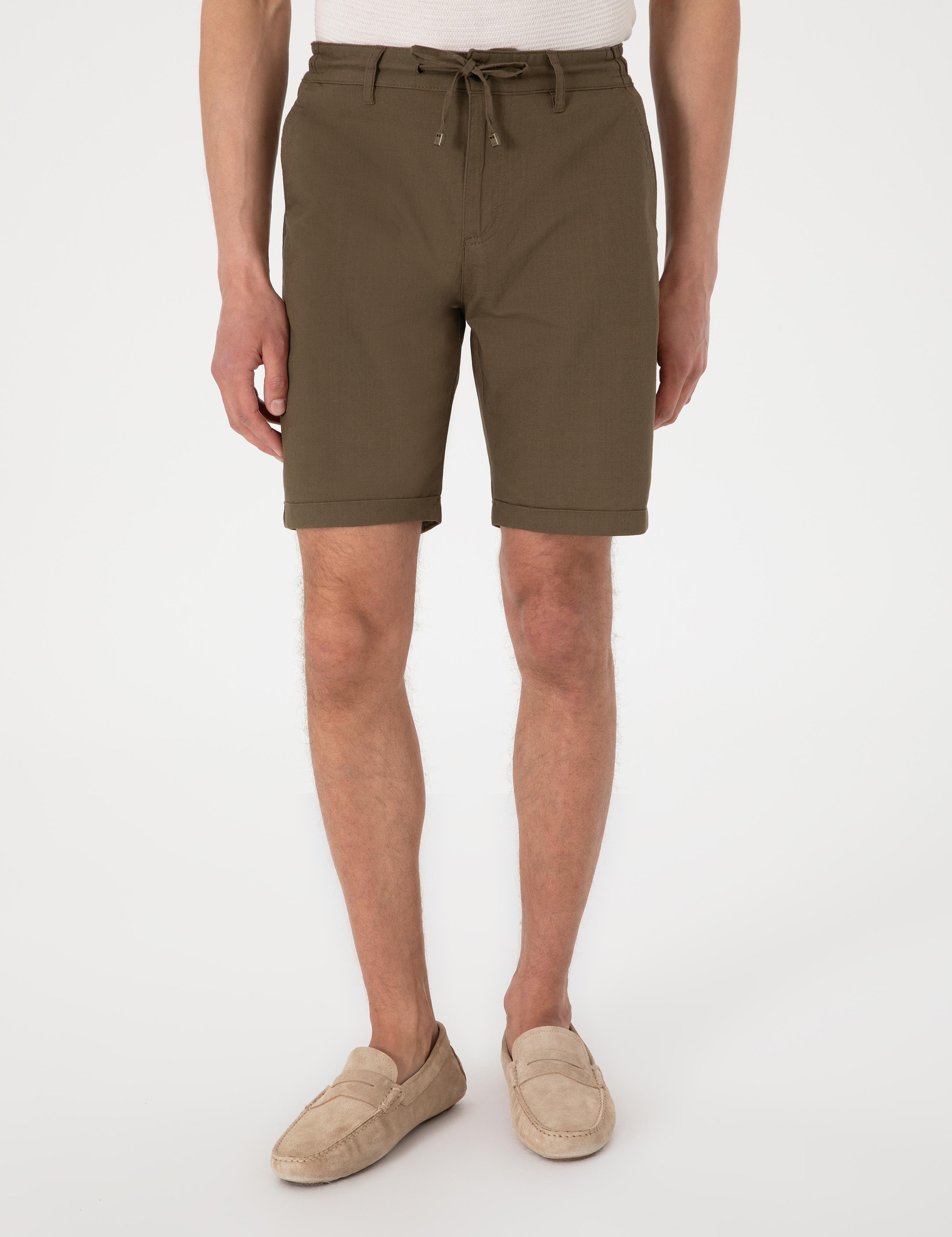 Haki Slim Fit Beli Lastikli Bağcıklı Dokuma Şort