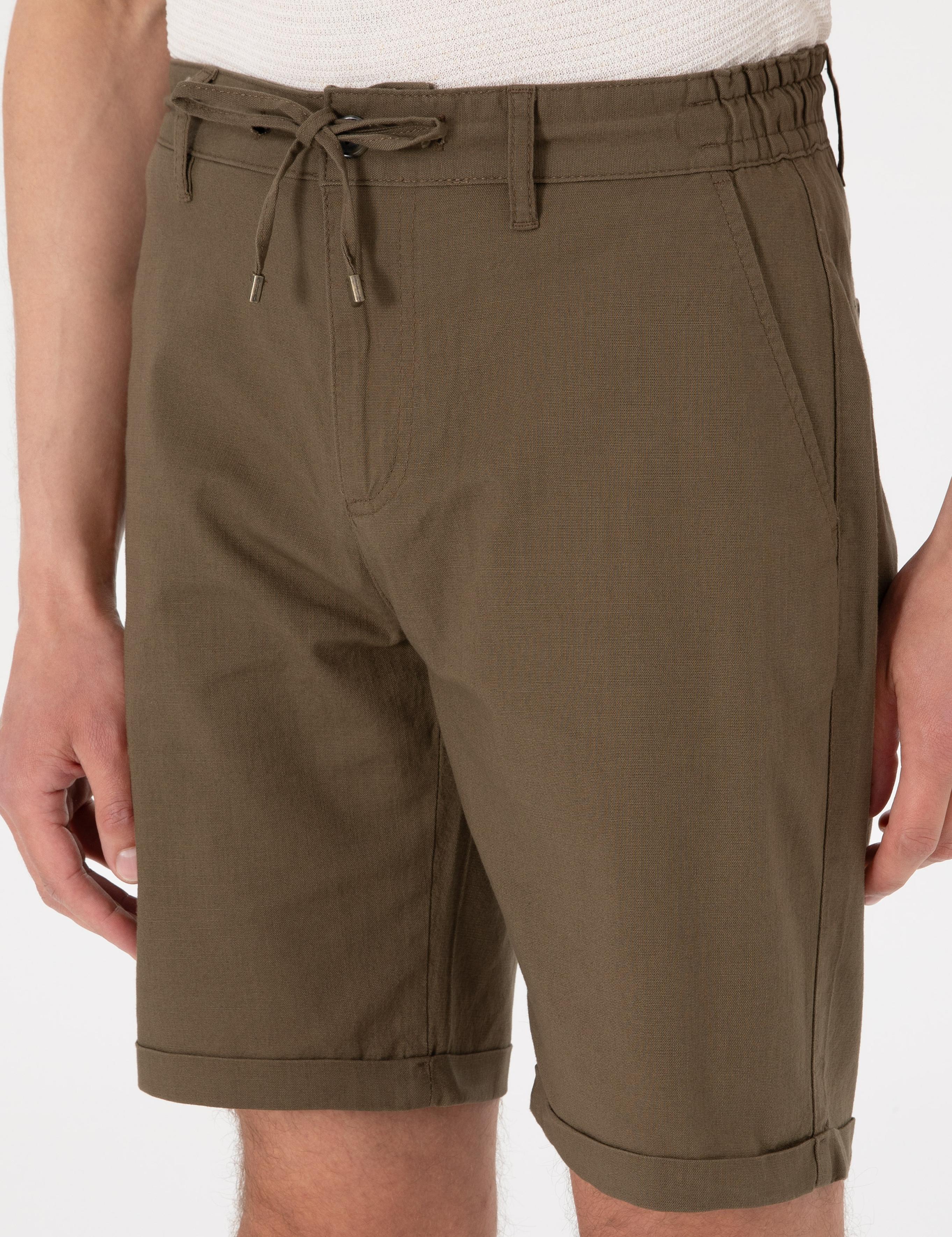 Haki Slim Fit Beli Lastikli Bağcıklı Dokuma Şort