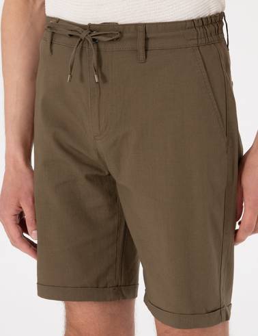Haki Slim Fit Beli Lastikli Bağcıklı Dokuma Şort