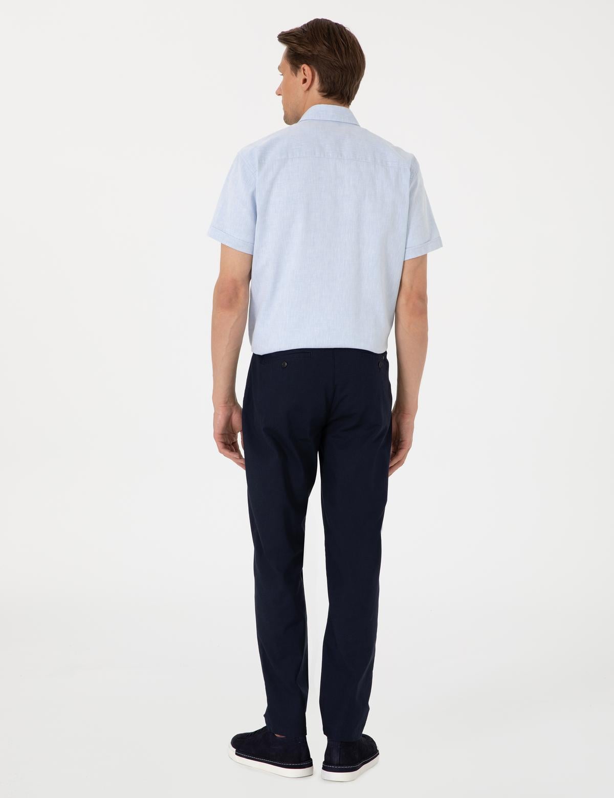 Lacivert Carrot Fit Keten Karışımlı Beli Lastikli Bağcıklı Kanvas Pantolon - 50308073046