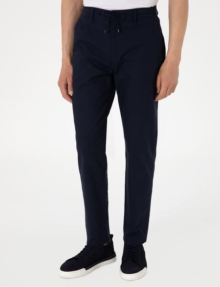 Lacivert Carrot Fit Keten Karışımlı Beli Lastikli Bağcıklı Kanvas Pantolon - 50308073046