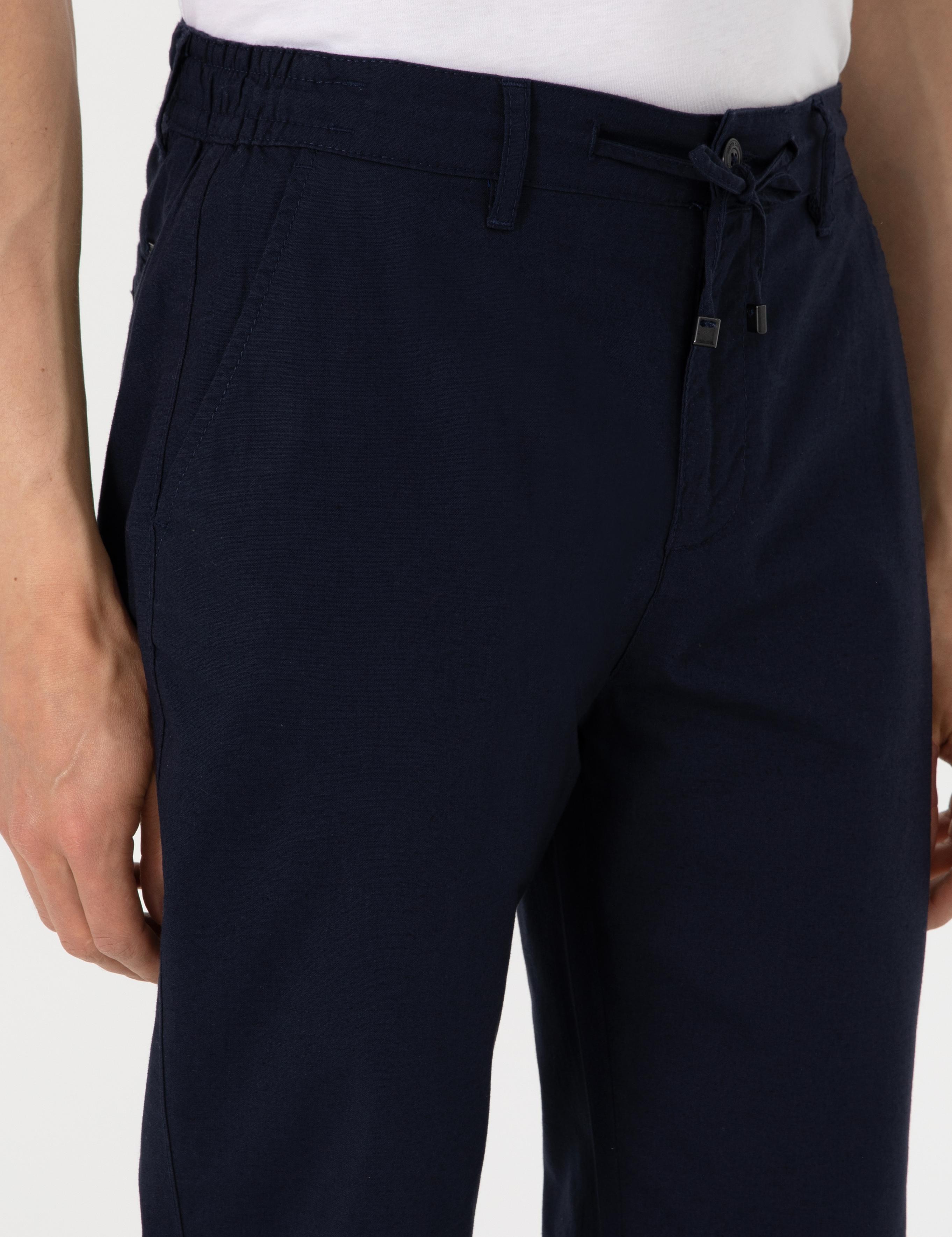 Lacivert Carrot Fit Keten Karışımlı Beli Lastikli Bağcıklı Kanvas Pantolon