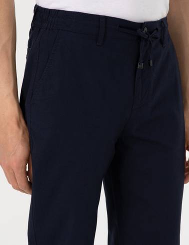 Lacivert Carrot Fit Keten Karışımlı Beli Lastikli Bağcıklı Kanvas Pantolon