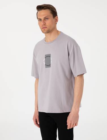 Gri Comfort Fit Bisiklet Yaka Tişört