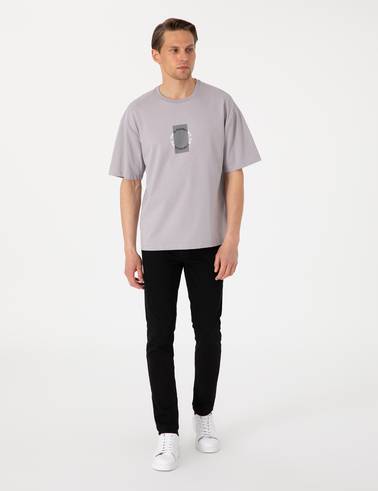 Gri Comfort Fit Bisiklet Yaka Tişört