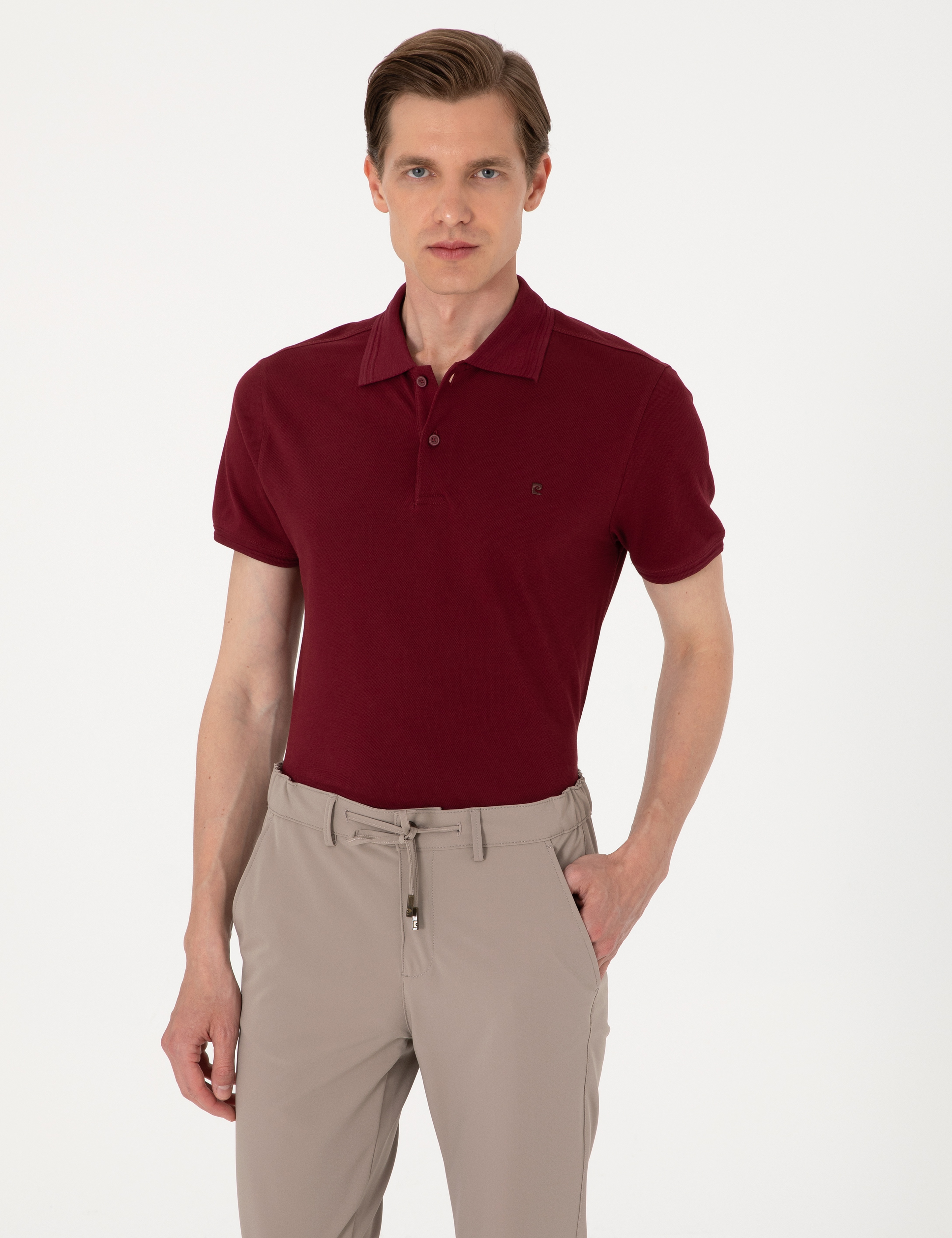 Bordo Slim Fit %100 Pamuk Polo Yaka Basic Tişört - Image 3
