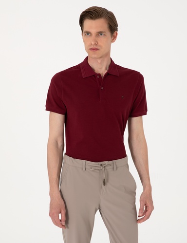 Bordo Slim Fit %100 Pamuk Düğmeli Polo Yaka Basic Tişört