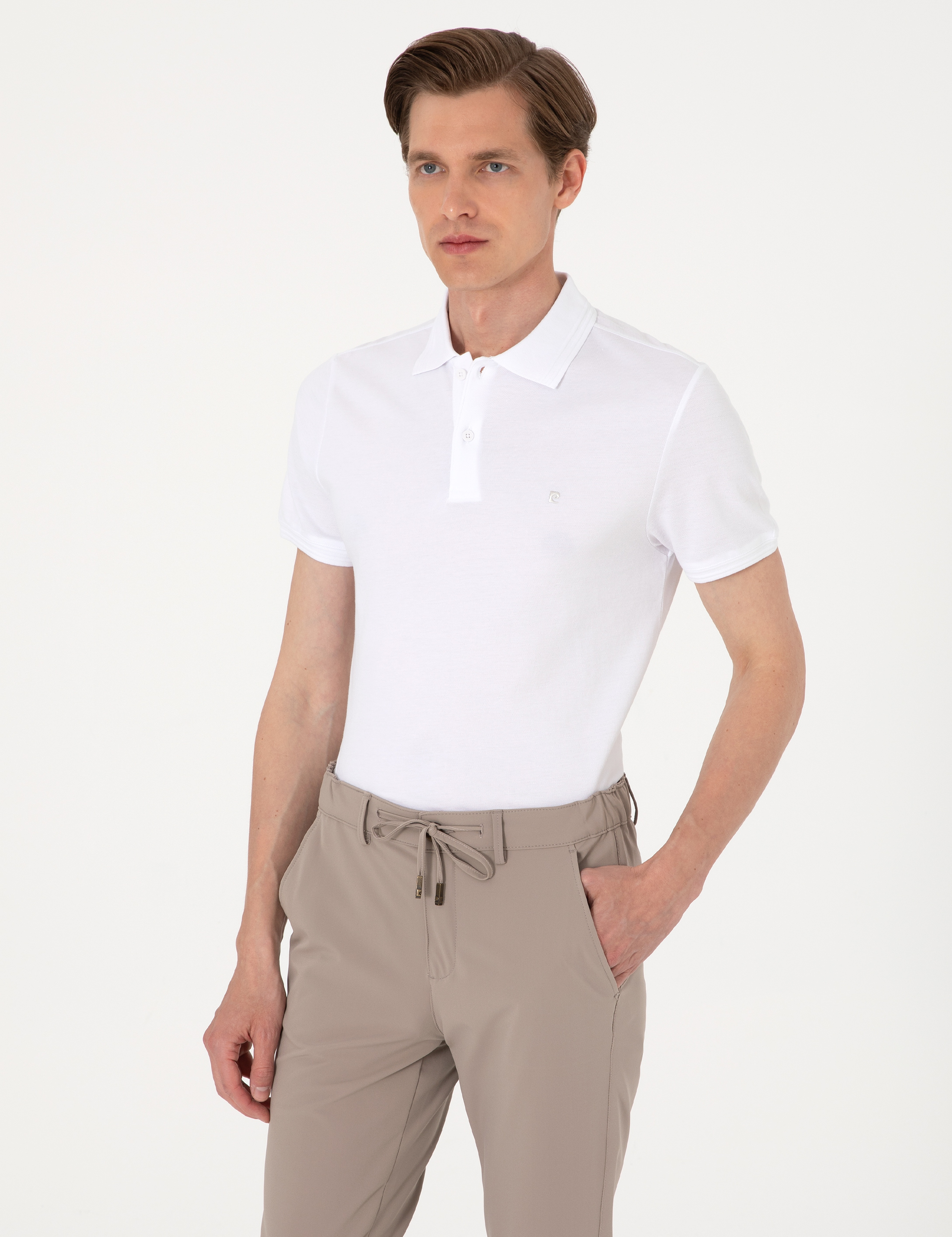 Beyaz Slim Fit %100 Pamuk Polo Yaka Basic Tişört - Image 3