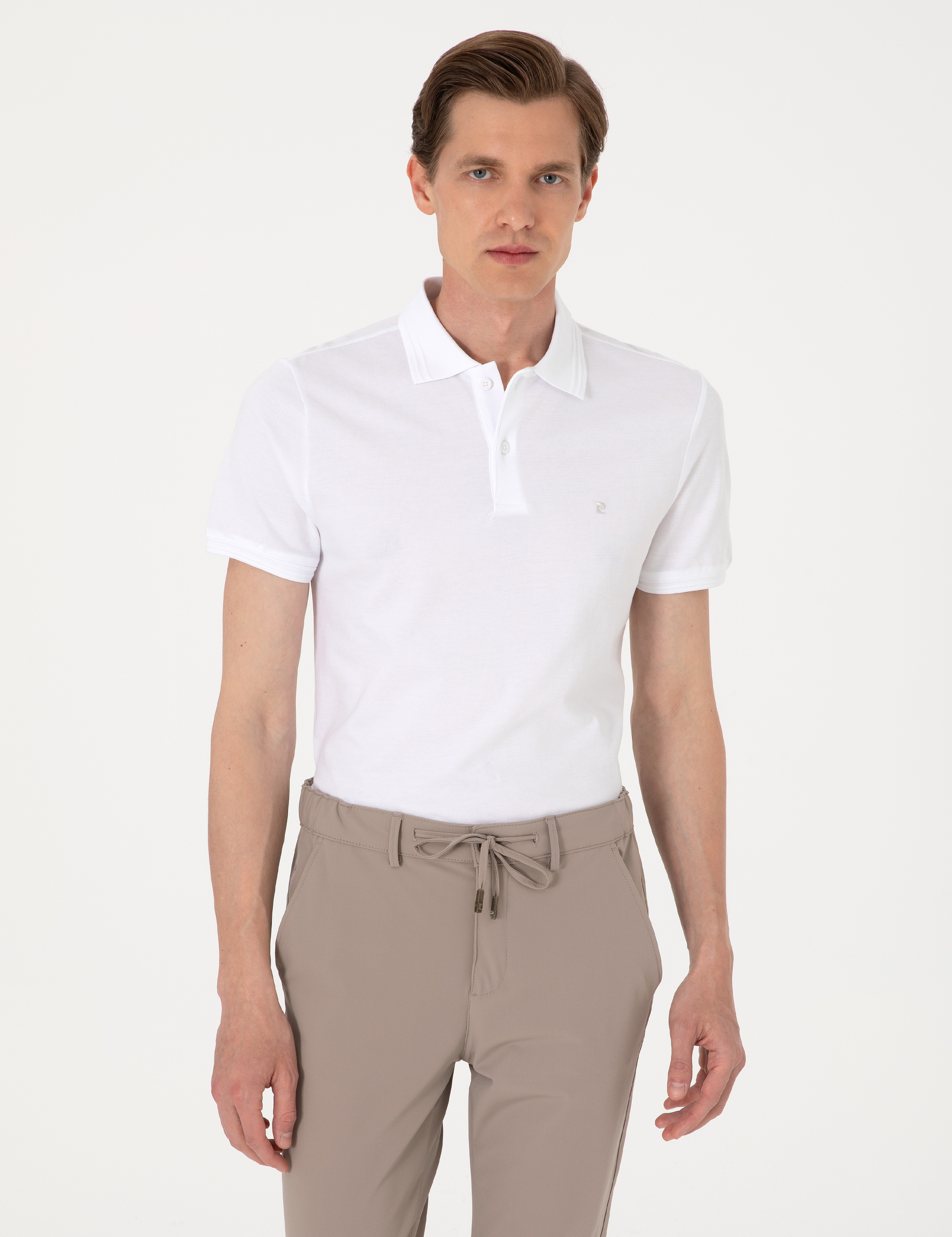 Beyaz Slim Fit %100 Pamuk Polo Yaka Basic Tişört - Image 1
