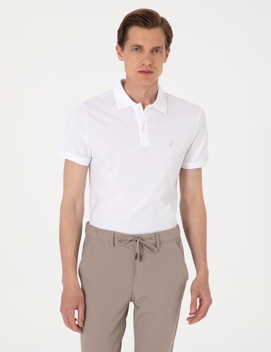 Beyaz Slim Fit %100 Pamuk Polo Yaka Basic Tişört