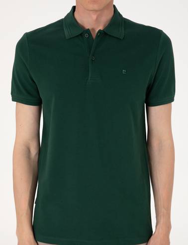 Koyu Yeşil Slim Fit %100 Pamuk Polo Yaka Basic Tişört