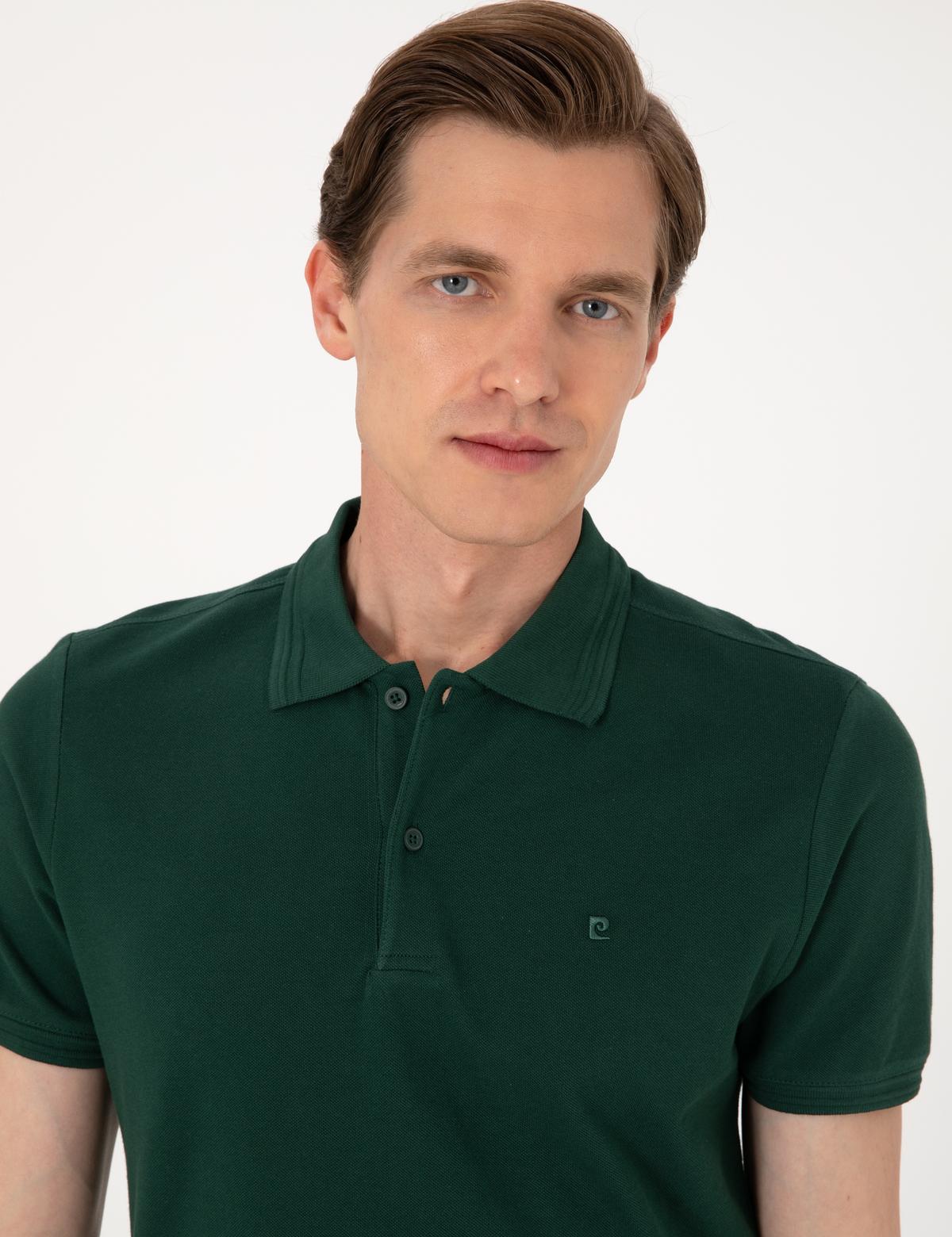 Koyu Yeşil Slim Fit %100 Pamuk Polo Yaka Basic Tişört - 50306448106