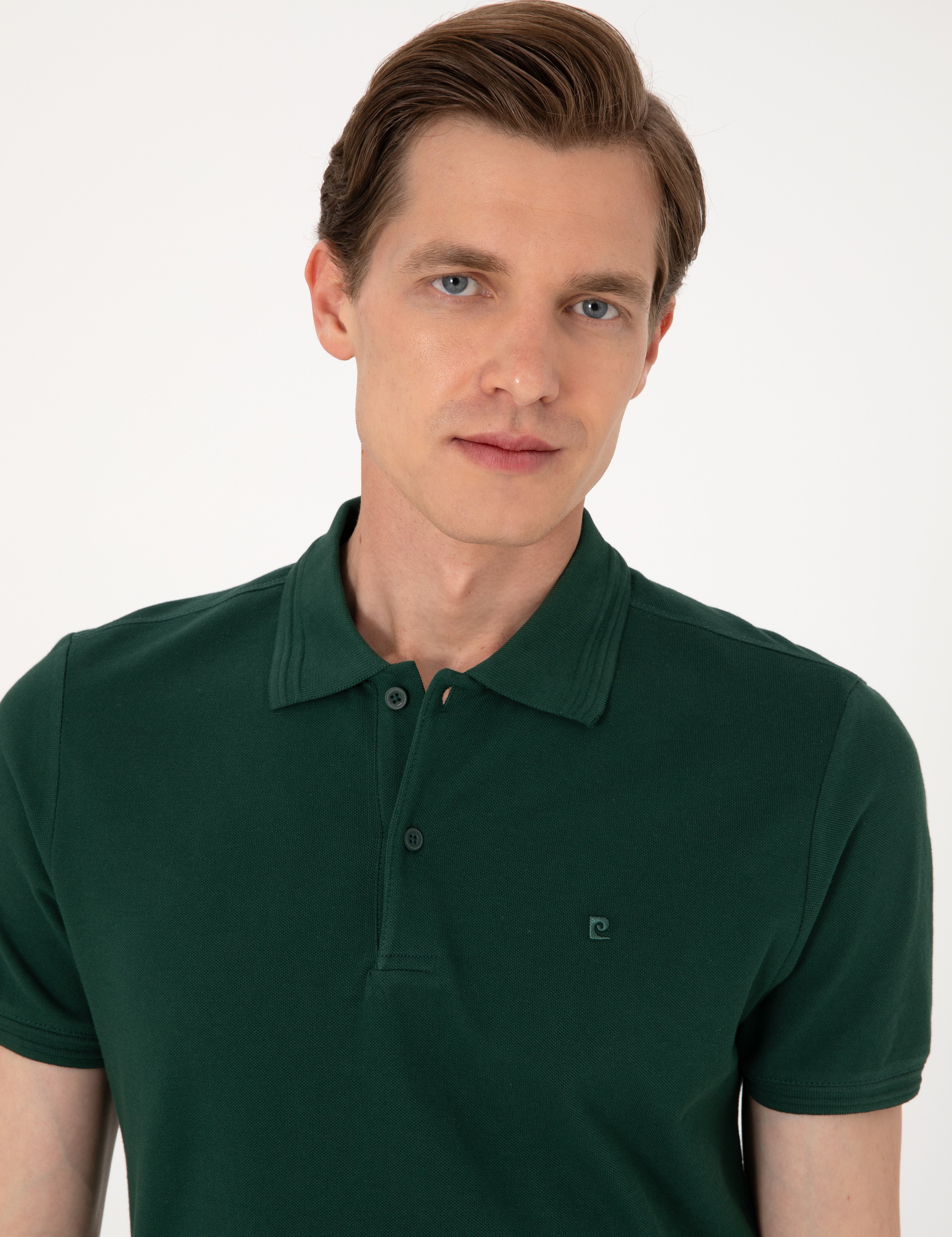 Koyu Yeşil Slim Fit %100 Pamuk Düğmeli Polo Yaka Basic Tişört - Image 2