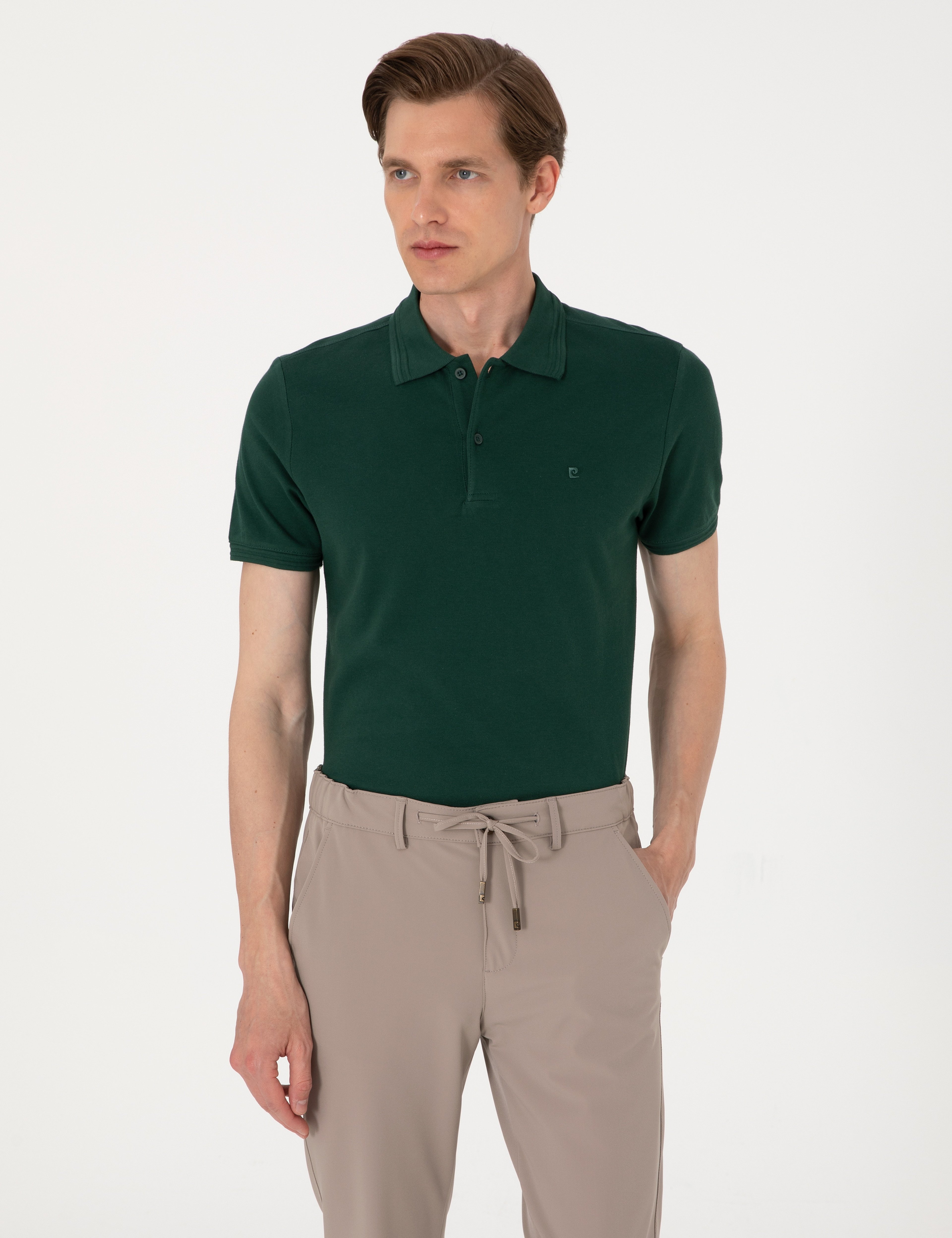 Koyu Yeşil Slim Fit %100 Pamuk Düğmeli Polo Yaka Basic Tişört - Image 1