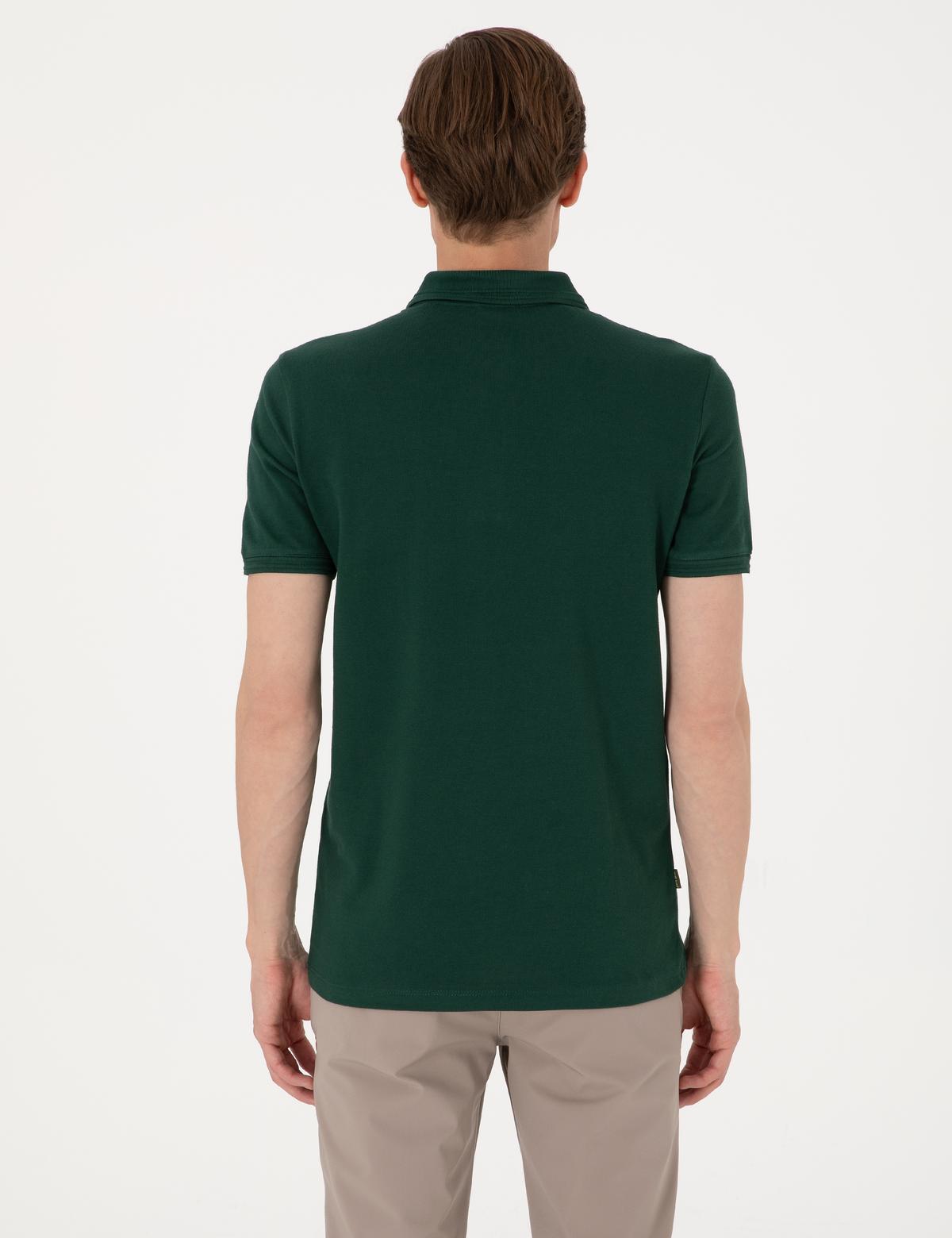 Koyu Yeşil Slim Fit %100 Pamuk Polo Yaka Basic Tişört - 50306448106