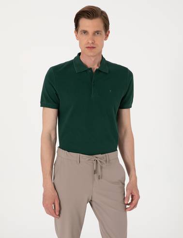Koyu Yeşil Slim Fit %100 Pamuk Polo Yaka Basic Tişört