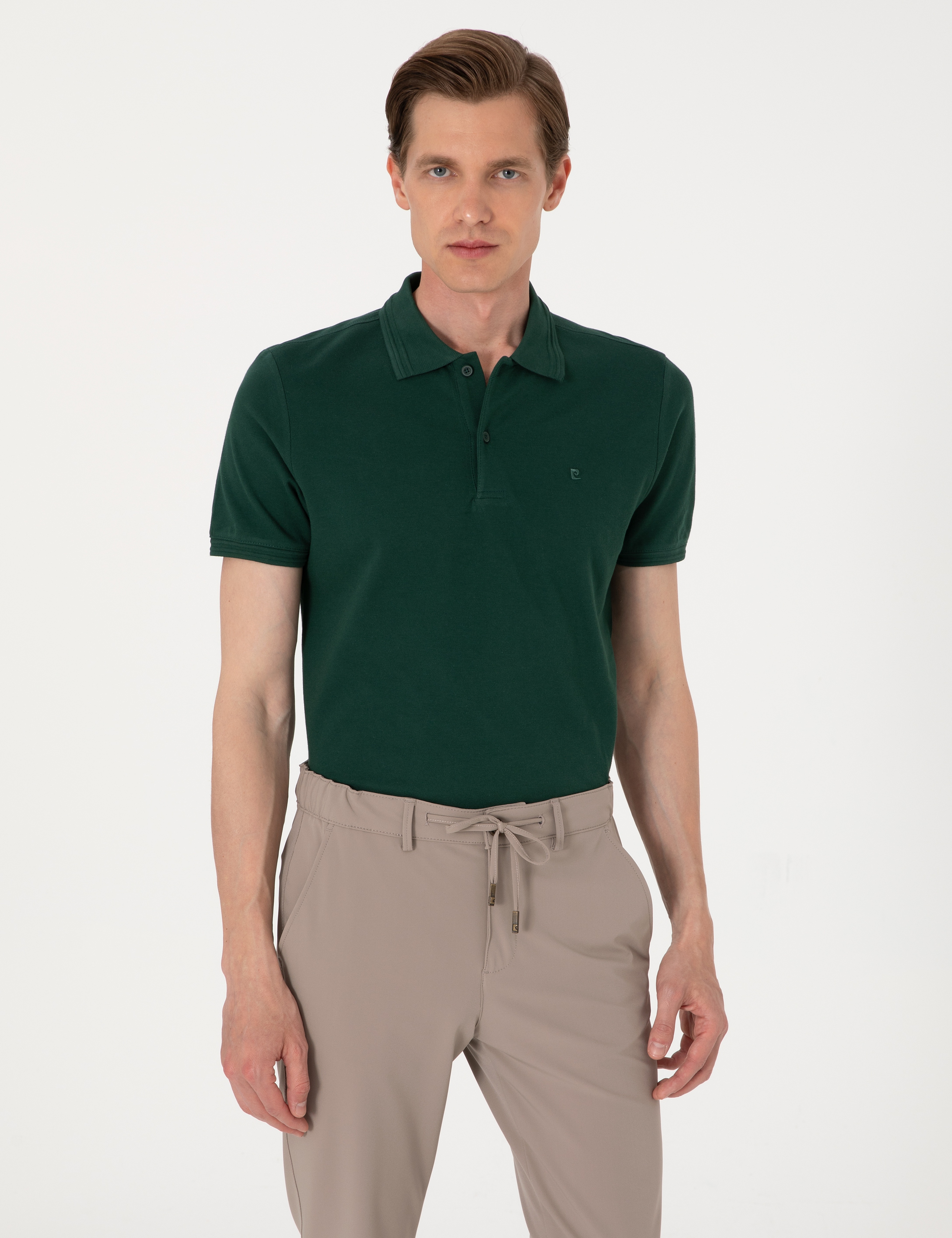 Koyu Yeşil Slim Fit %100 Pamuk Düğmeli Polo Yaka Basic Tişört