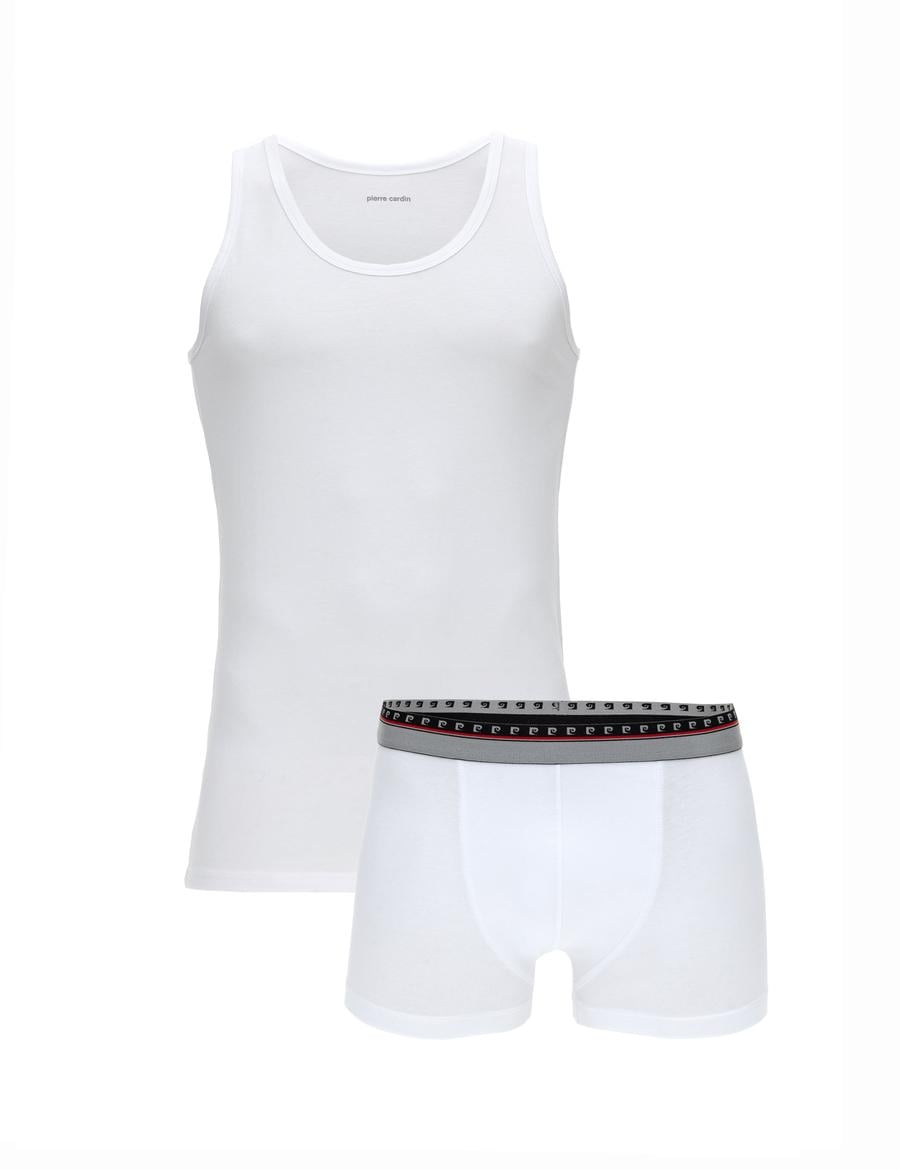 Beyaz Pamuk Karışımlı Atlet Boxer Set