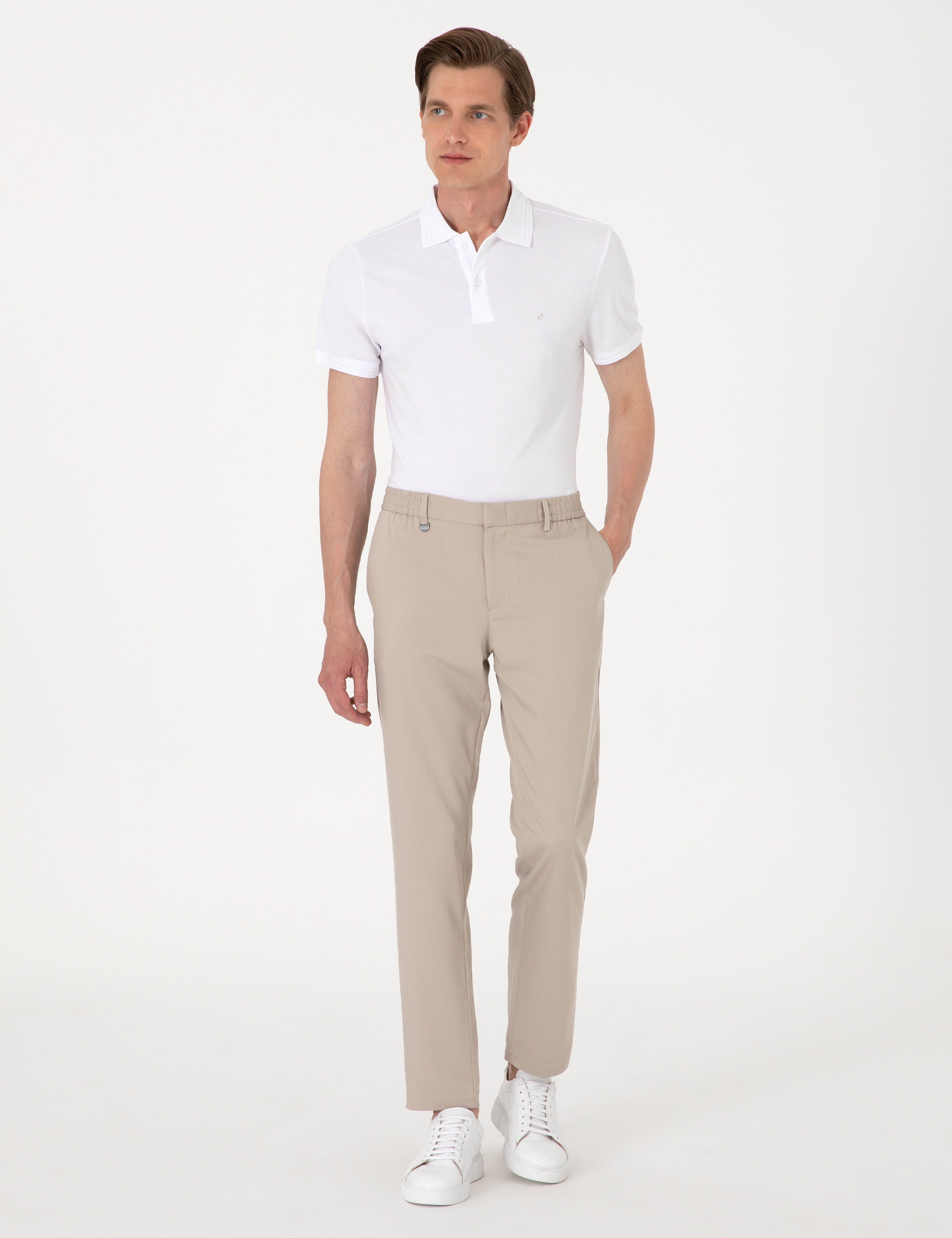 Bej Slim Fit Beli Lastikli Klasik Jogger Pantolon - Image 3
